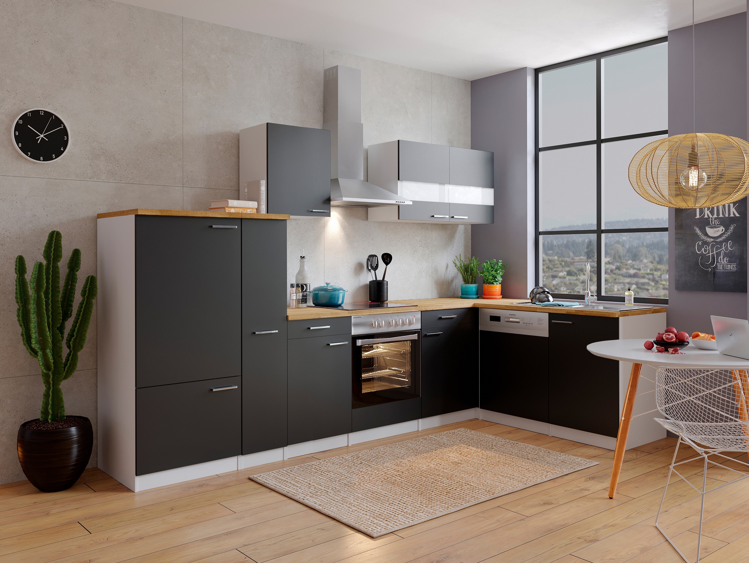 Winkelküche Küchenzeile L-Form Küche Einbauküche weiß schwarz 310x172cm respekta