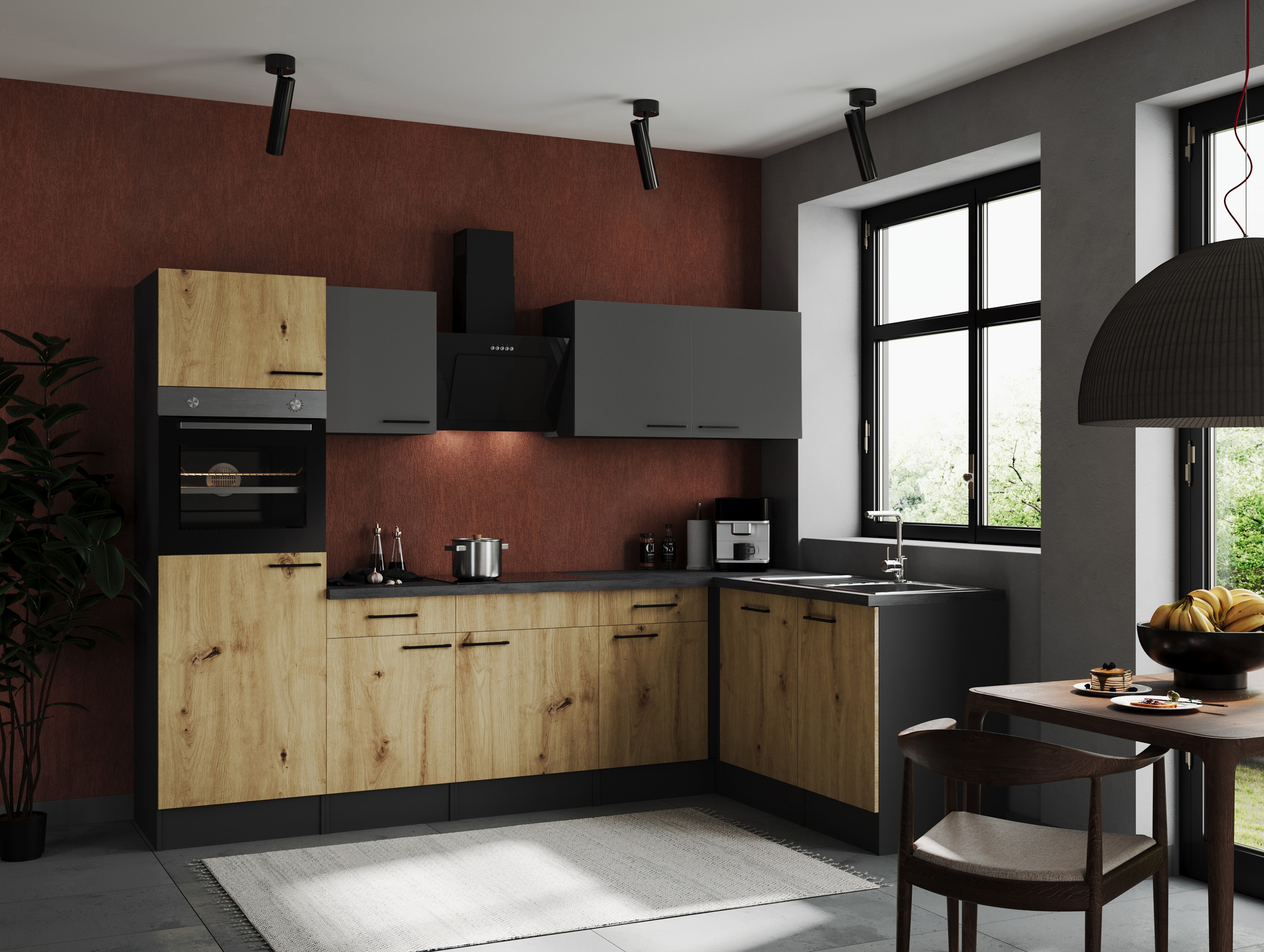 L Küche Küchenzeile Winkelküche Grau Matt Artisan Eiche Oliver 280 x 172 cm Respekta