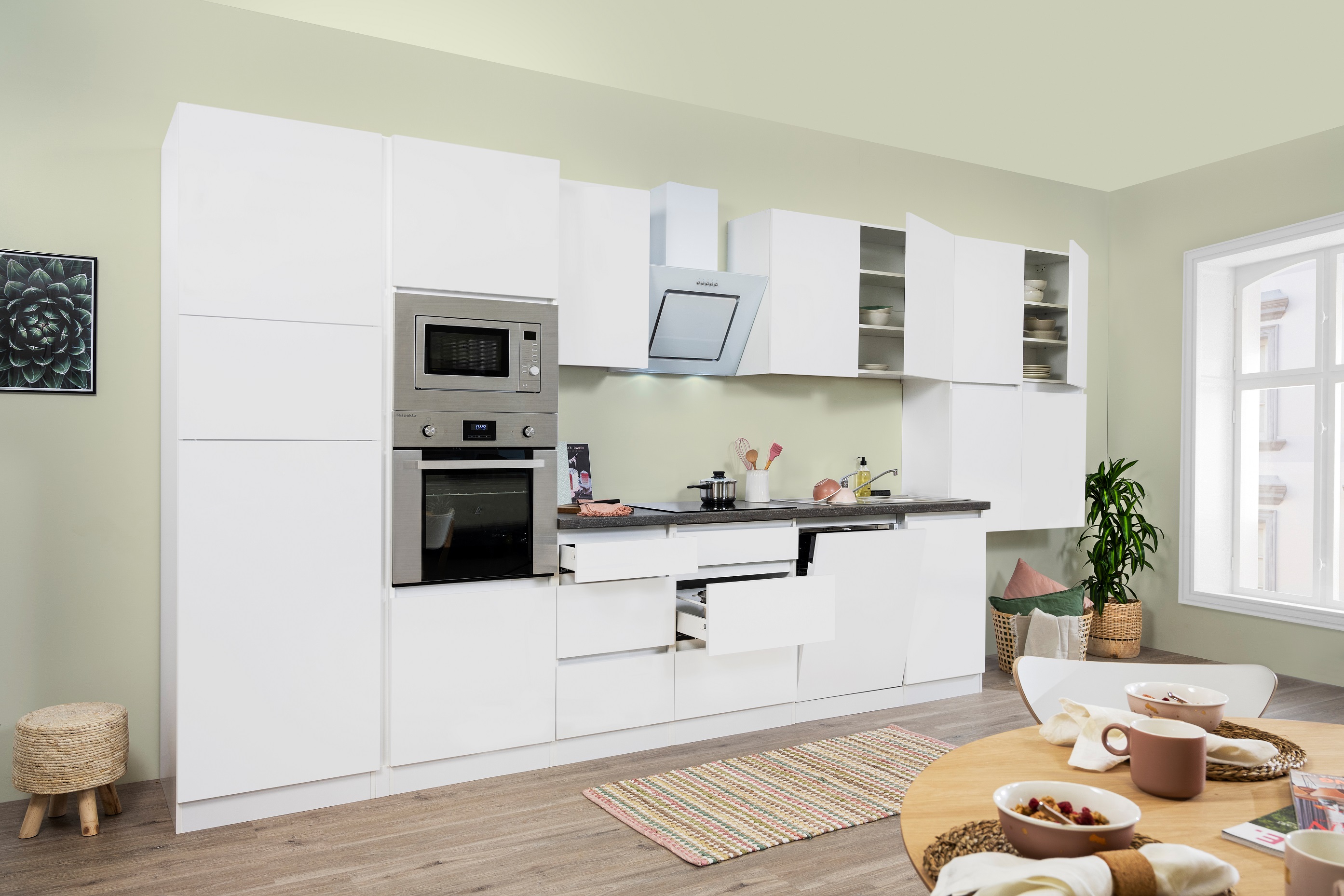 respekta Küchenzeile Küche Küchenblock grifflose Küche Einbauküche 445 cm weiß