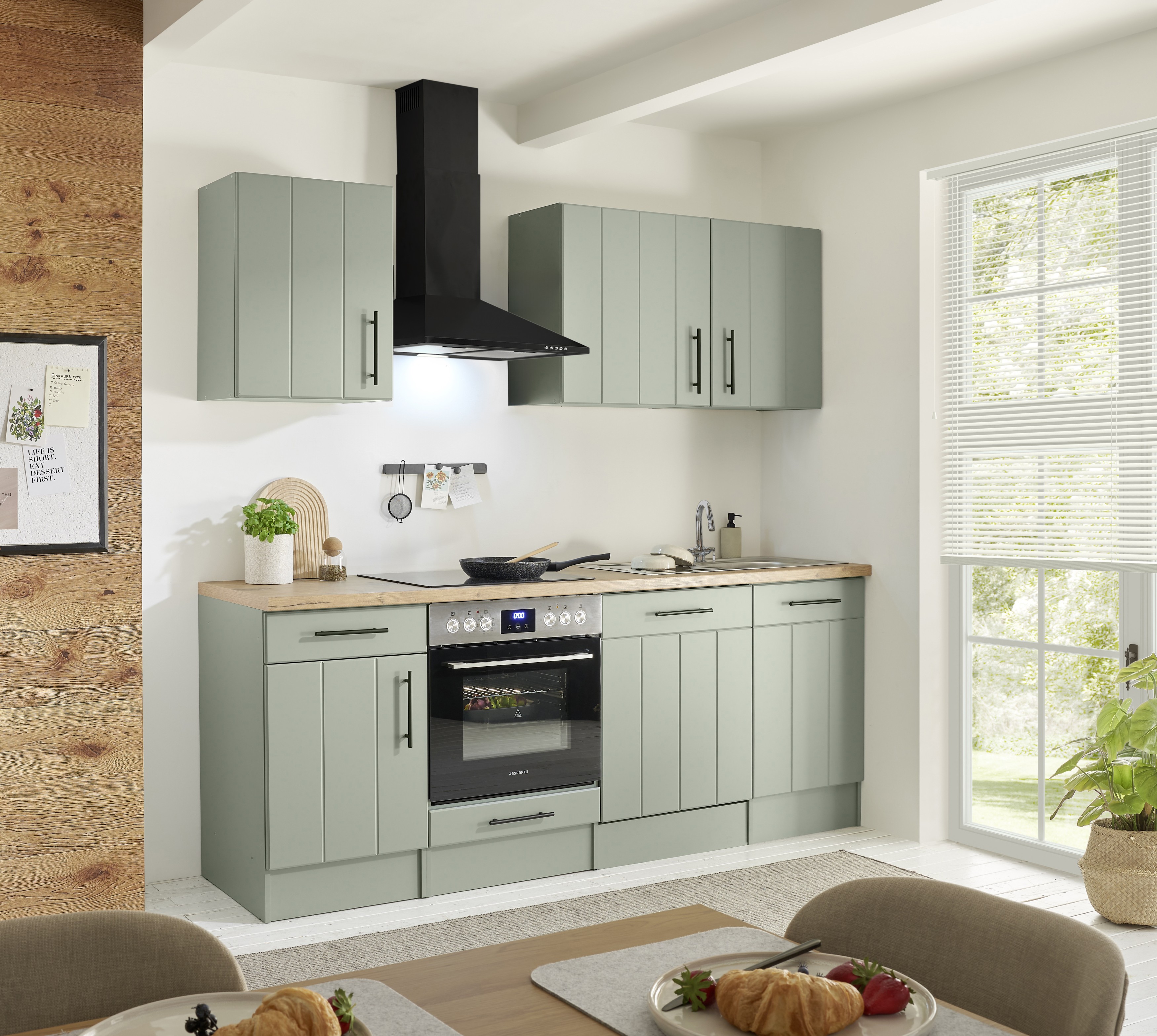Küche Einbauküche Küchenzeile Landhaus Grün Anton 220 cm ohne Kühlschrank Respekta