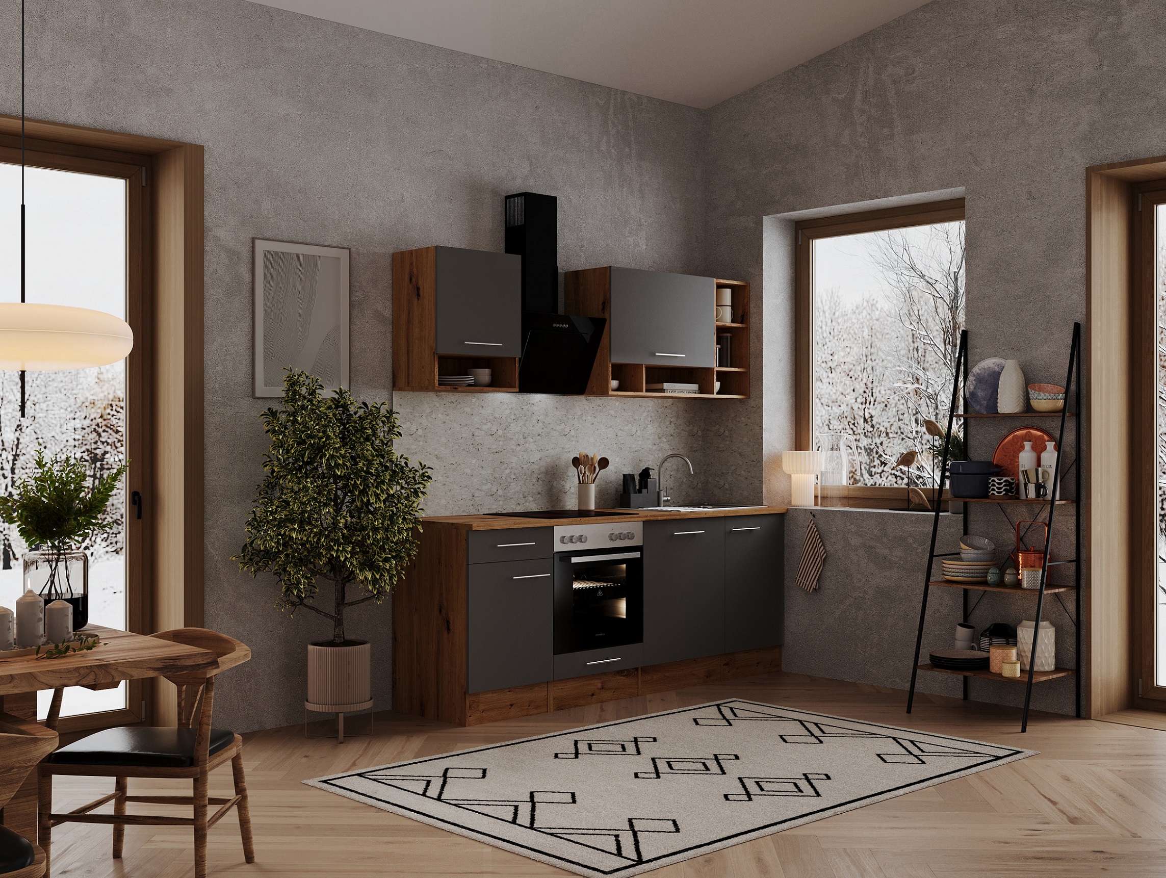 Küche Küchenzeile Küchenblock Einbauküche Eiche Grau Hilde 220 cm  Respekta