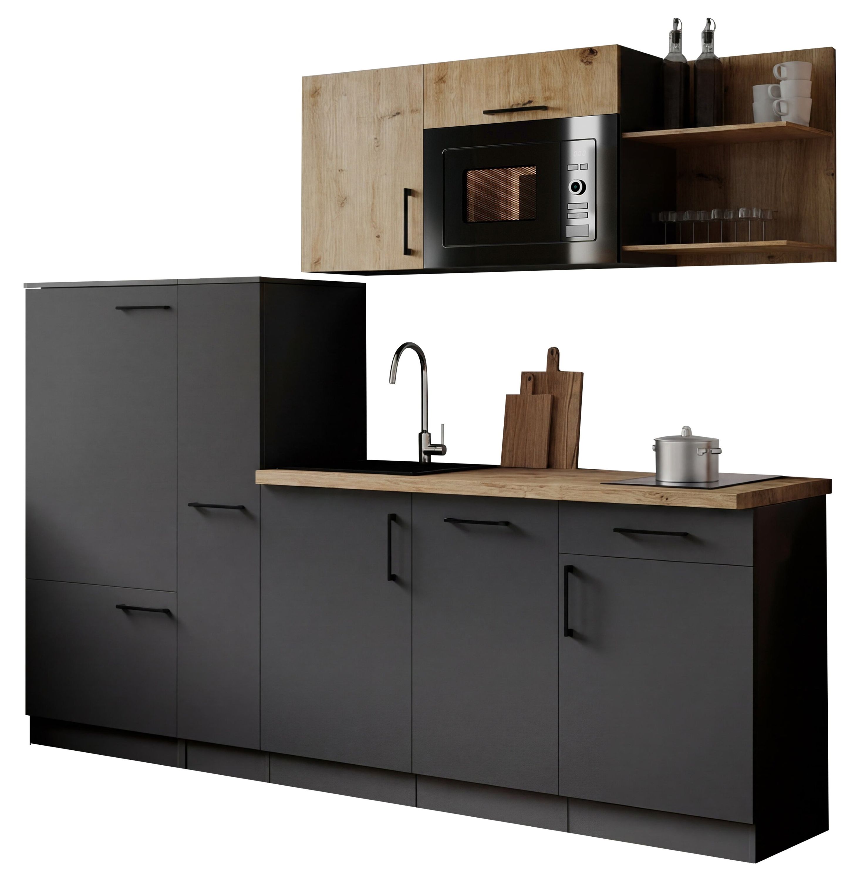 Respekta Küche Küchenzeile Oliver Singleküche 235 cm mit Fronten in – Grau Matt / Artisan Eiche Nachbildung