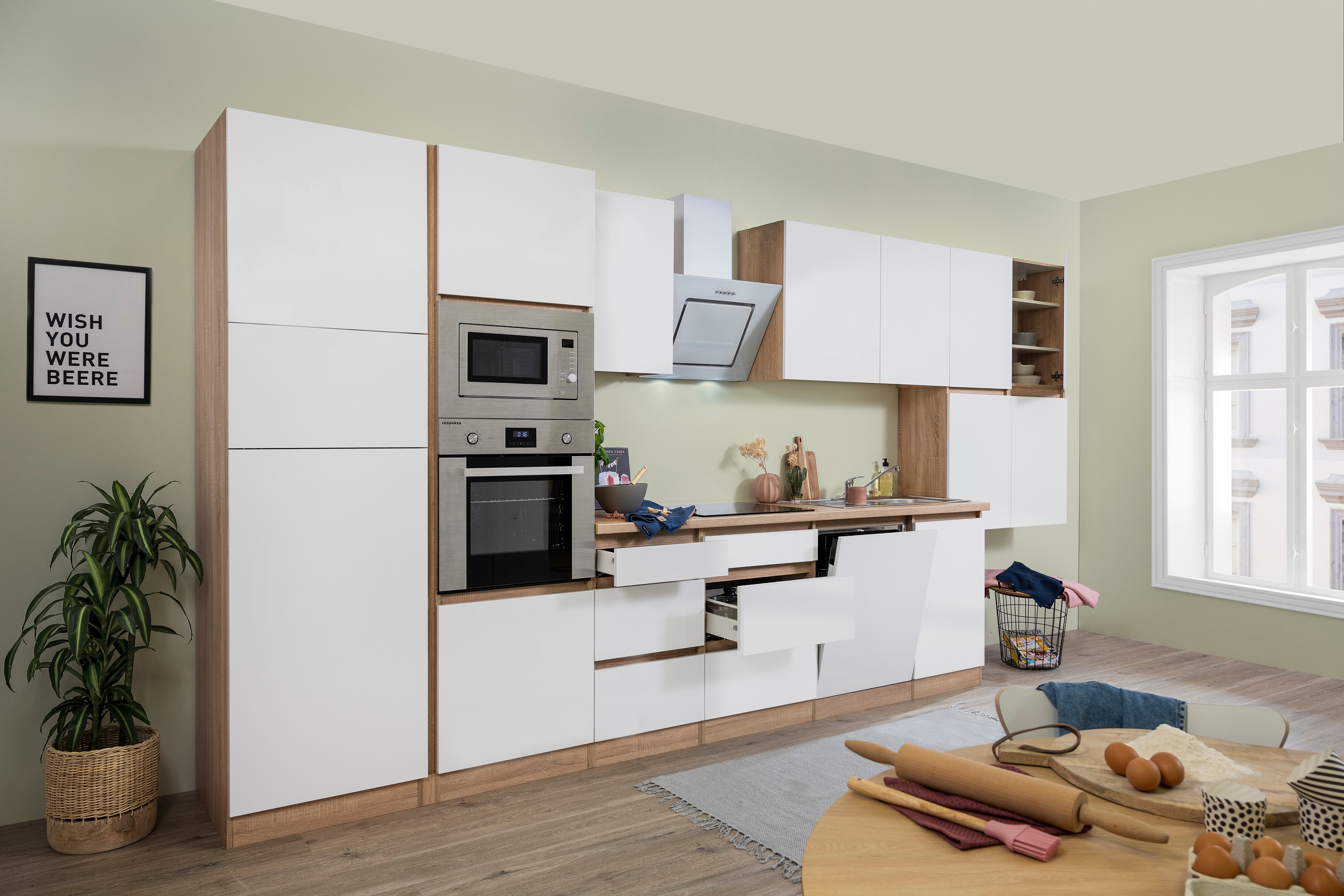 respekta Küchenzeile Küche Küchenblock grifflose Küche 445 cm Eiche Sonoma weiß