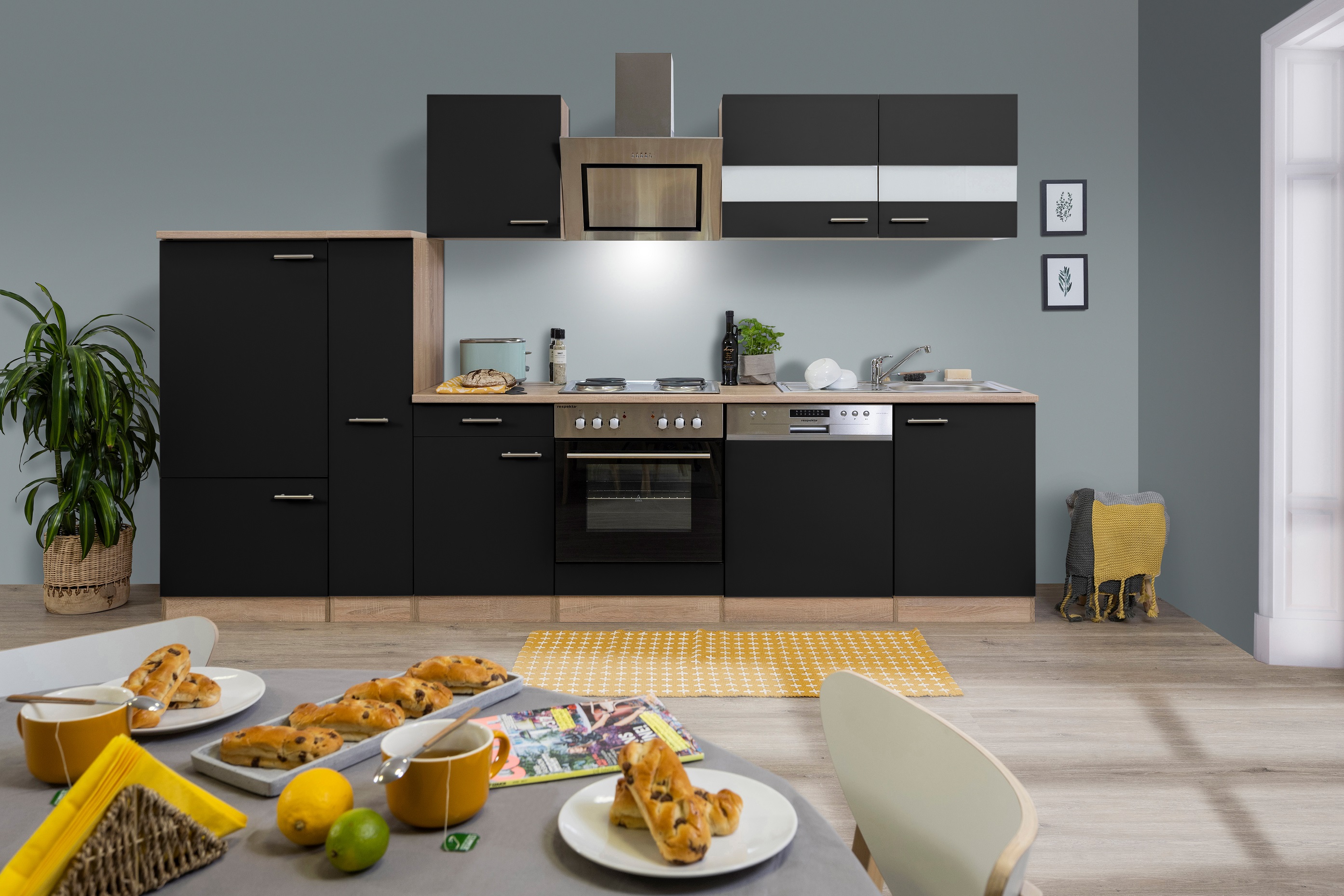 Küchenzeile Küche Küchenblock Einbauküche 310 cm Eiche schwarz Komplett  respekta
