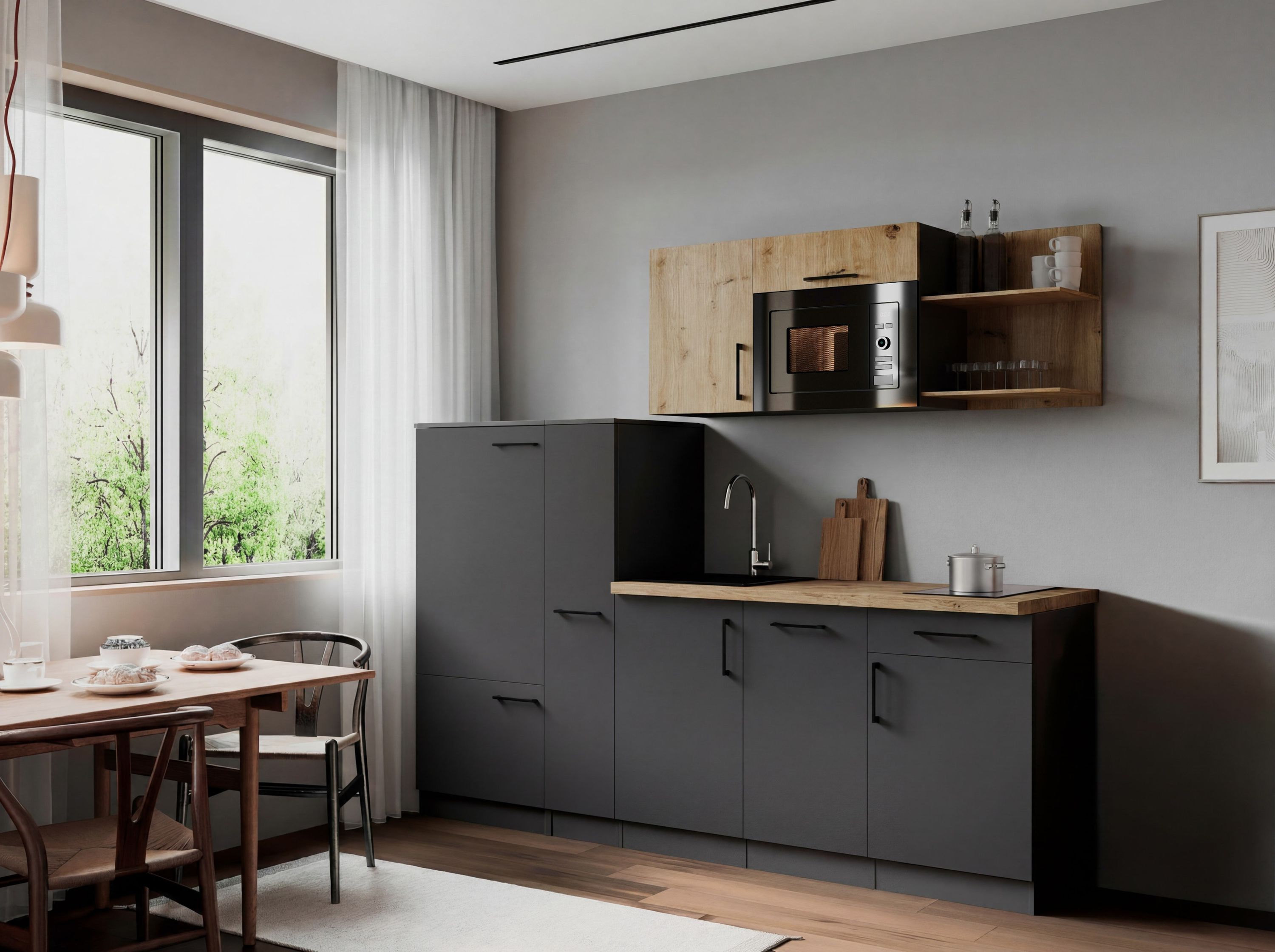 Respekta Küche Küchenzeile Oliver Singleküche 235 cm mit Fronten in – Grau Matt / Artisan Eiche Nachbildung
