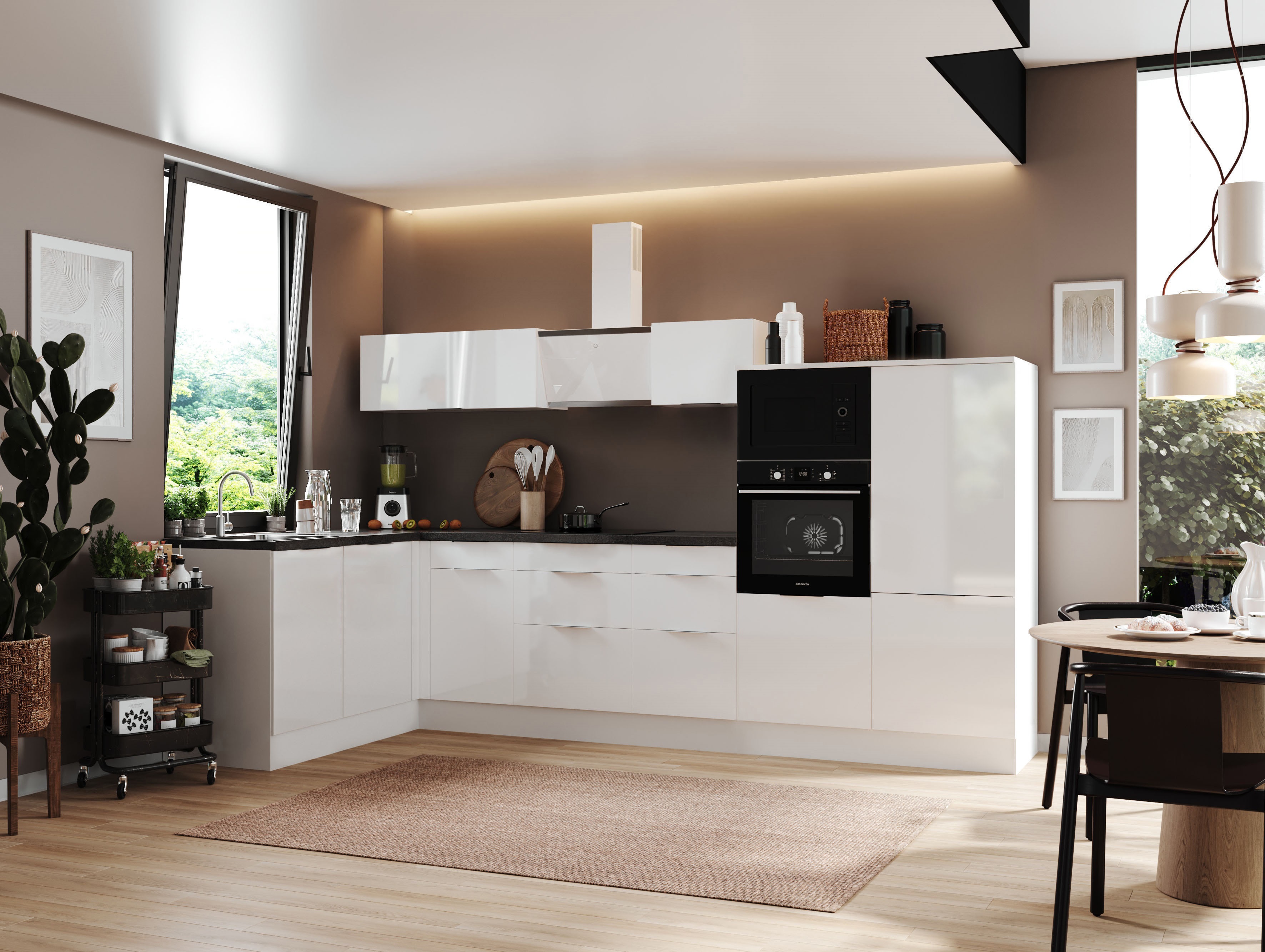 Küche vormontierte L - Küche 340 x 175 cm wechselseitig aufbaubar incl. Geräte Respekta Selection Elisabeth Weiß 
