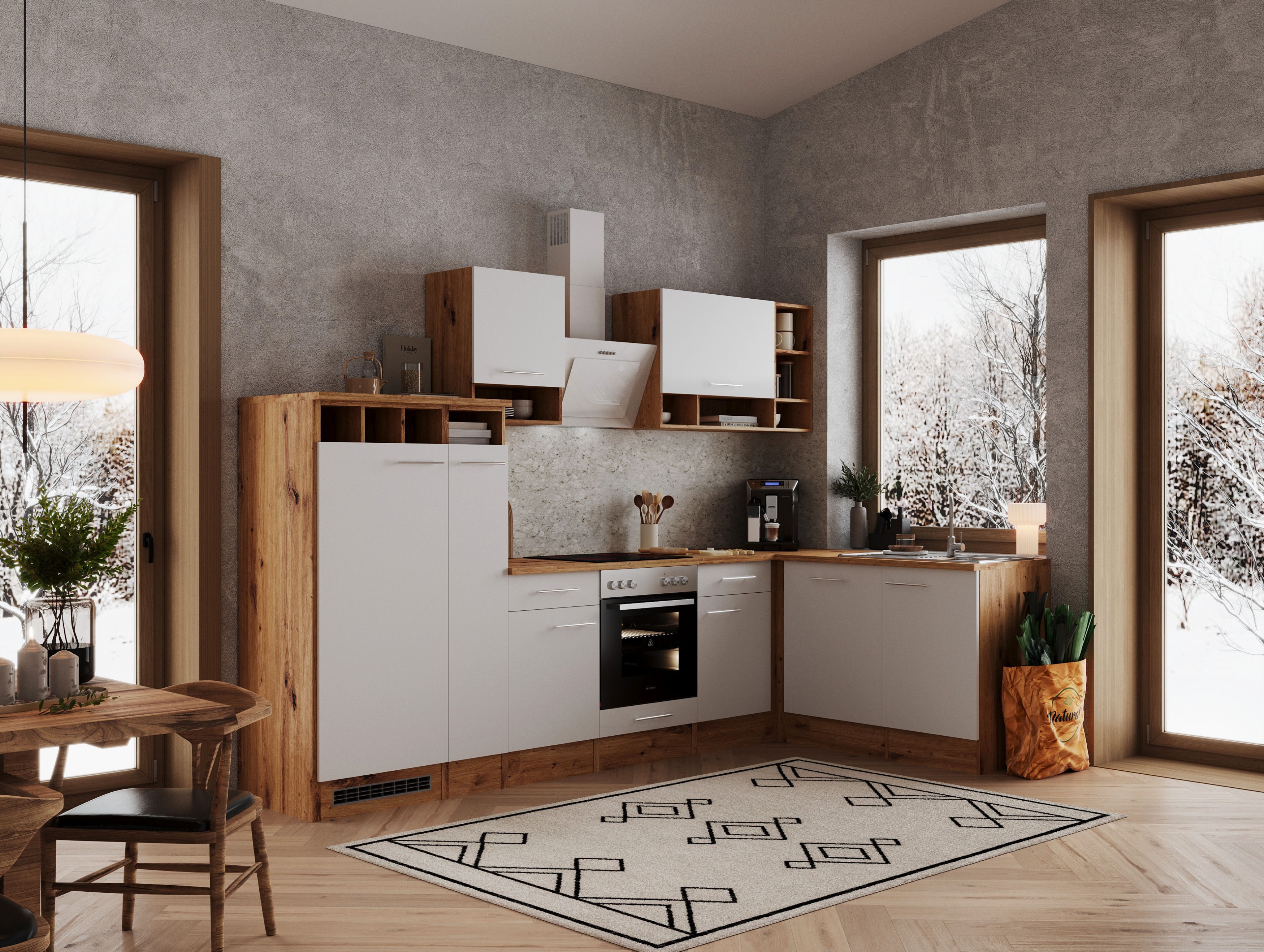 Angle kitchen kitchen unit L-shape kitchen fitted kitchen oak white 310x172 cm respekta