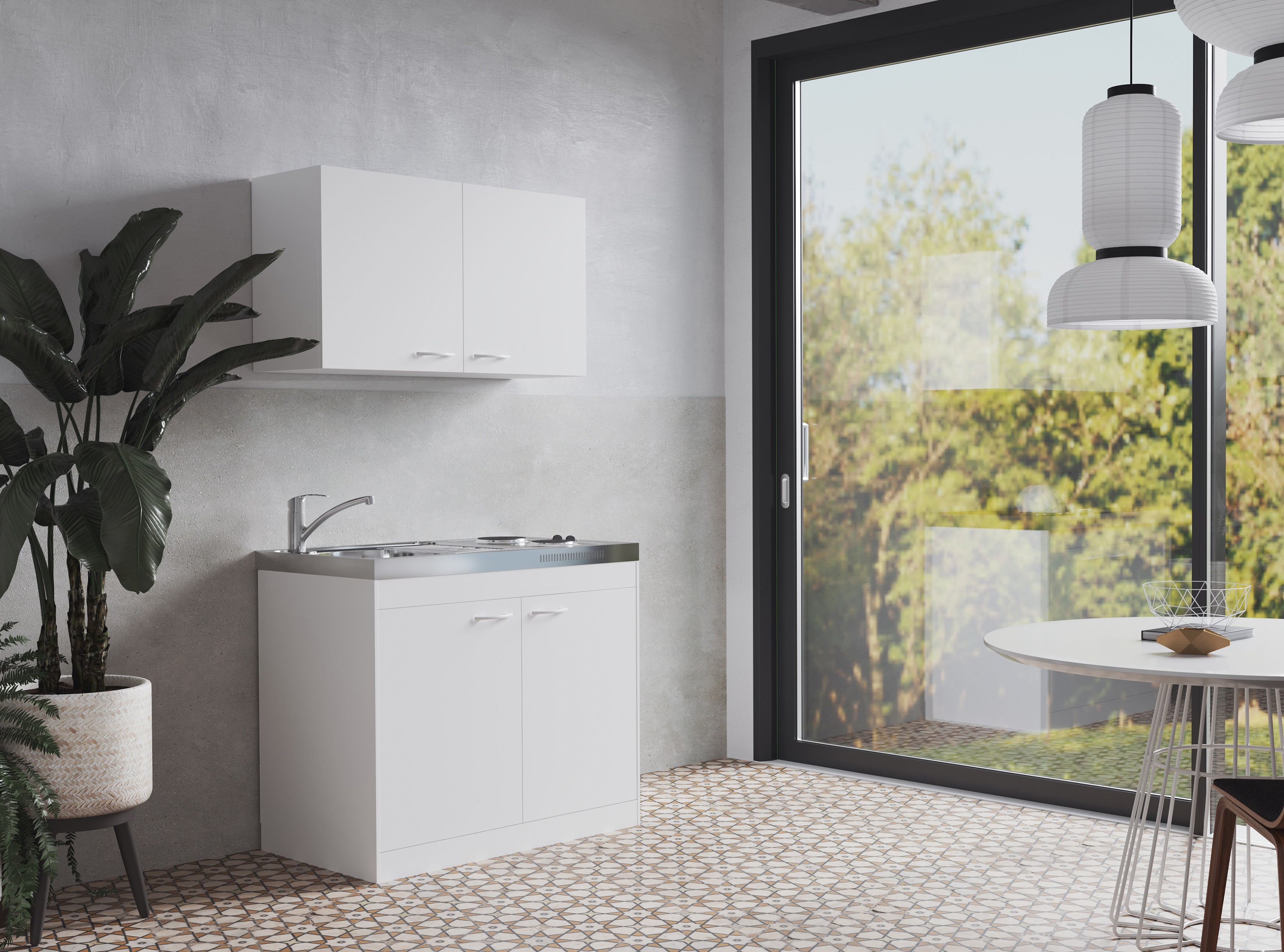 Küche Miniküche Singleküche Küchenzeile Pantry mit Oberschrank Weiß Levin 100 cm Respekta