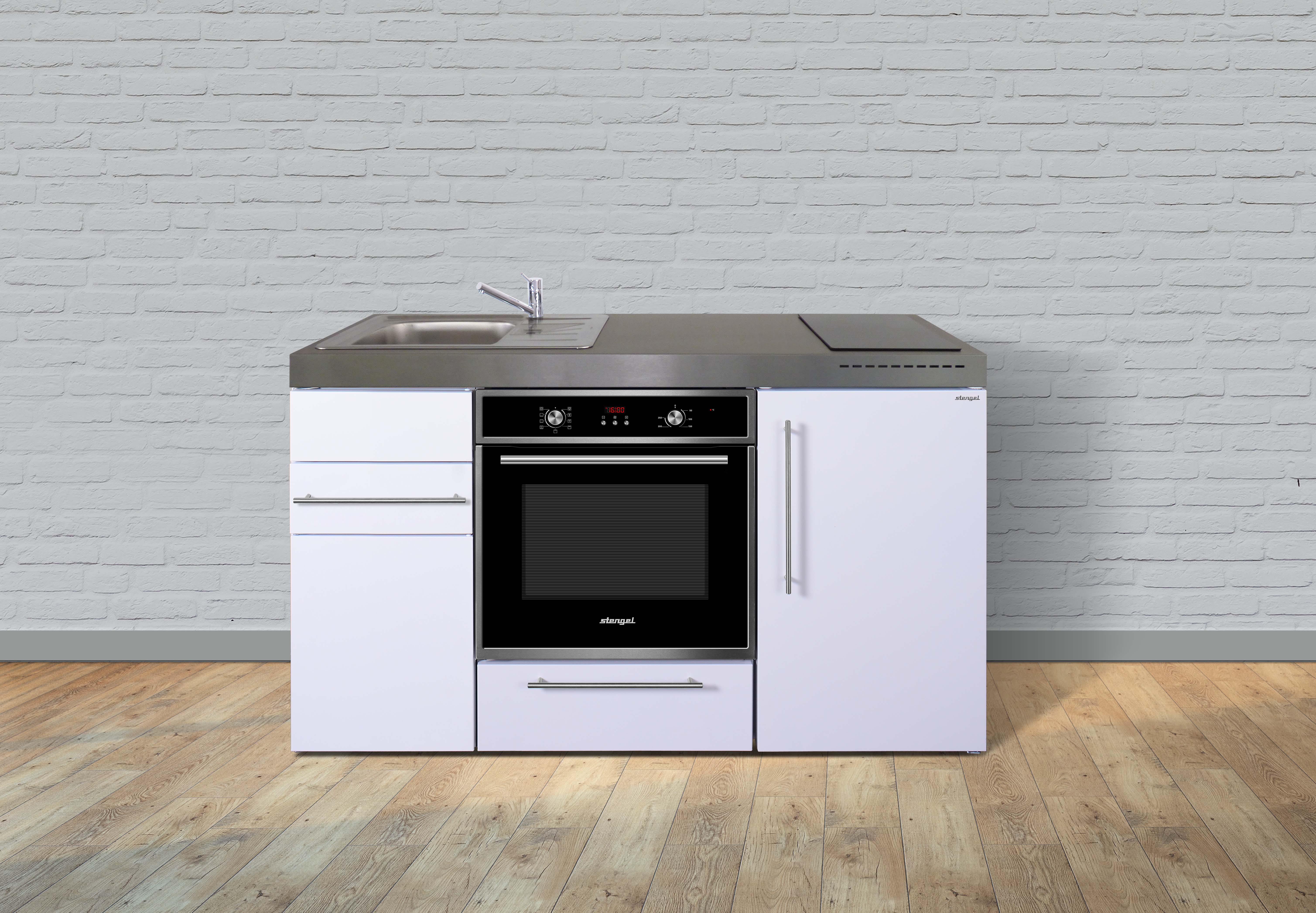 Stengel Miniküche Pantry Single Küche 150cm weiss Metall Becken rechts Ceran 