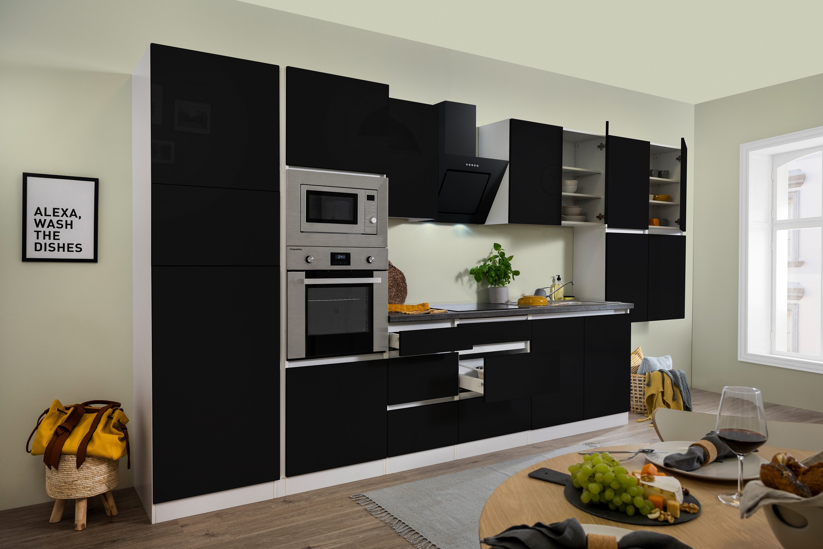 respekta Küche Küchenzeile Küchenblock grifflose Einbauküche 435 cm weiß schwarz