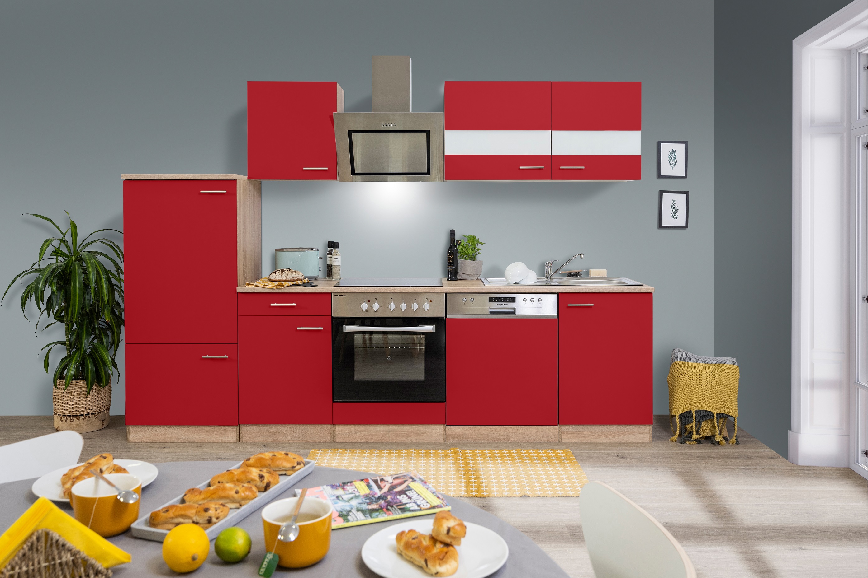 Küche Küchenzeile Winkelküche Leerblock L-Form respekta 280 cm Eiche Sägerau rot 