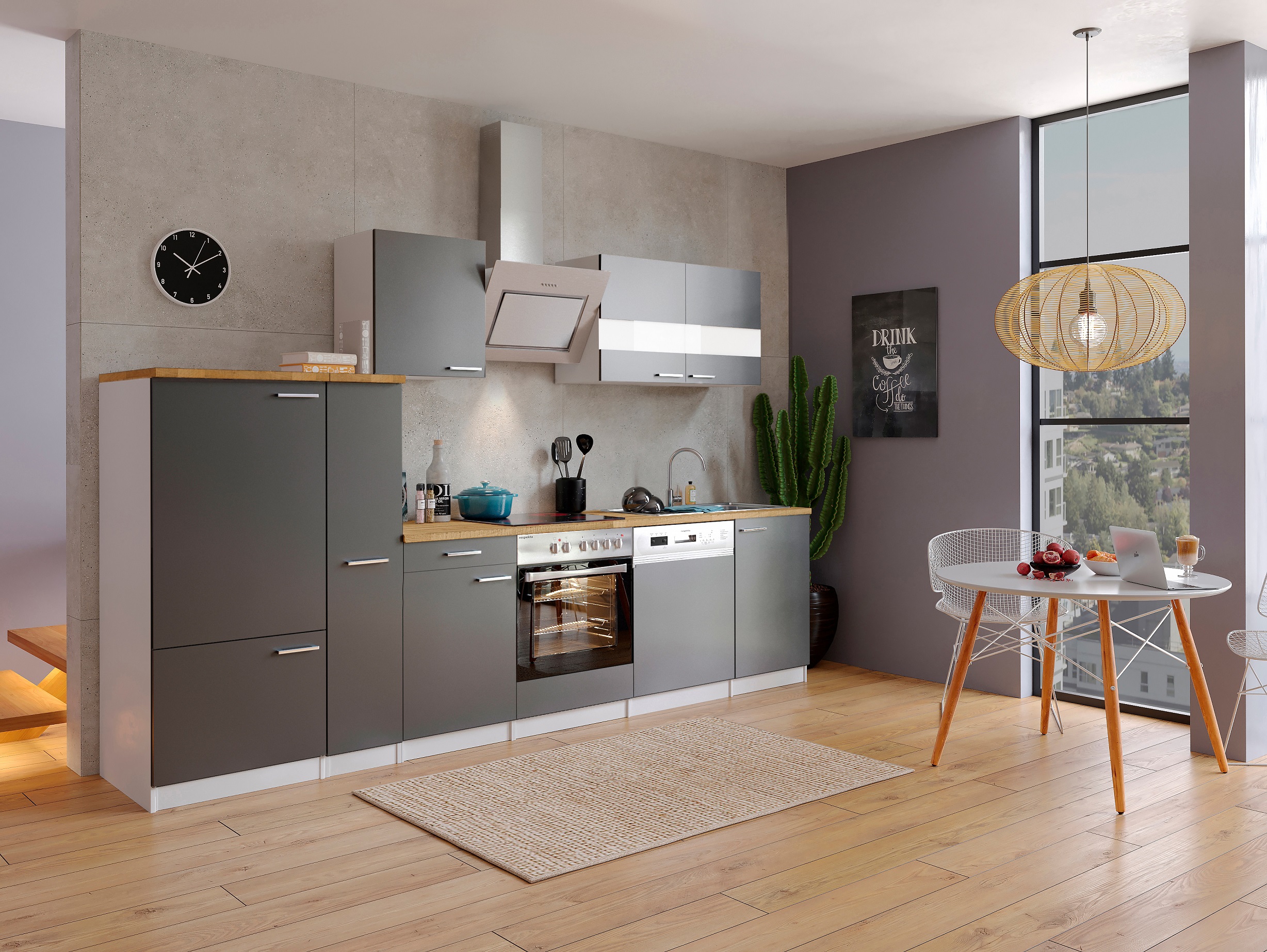 respekta Küche Küchenzeile Küchenblock Einbauküche 310 cm weiss Front grau