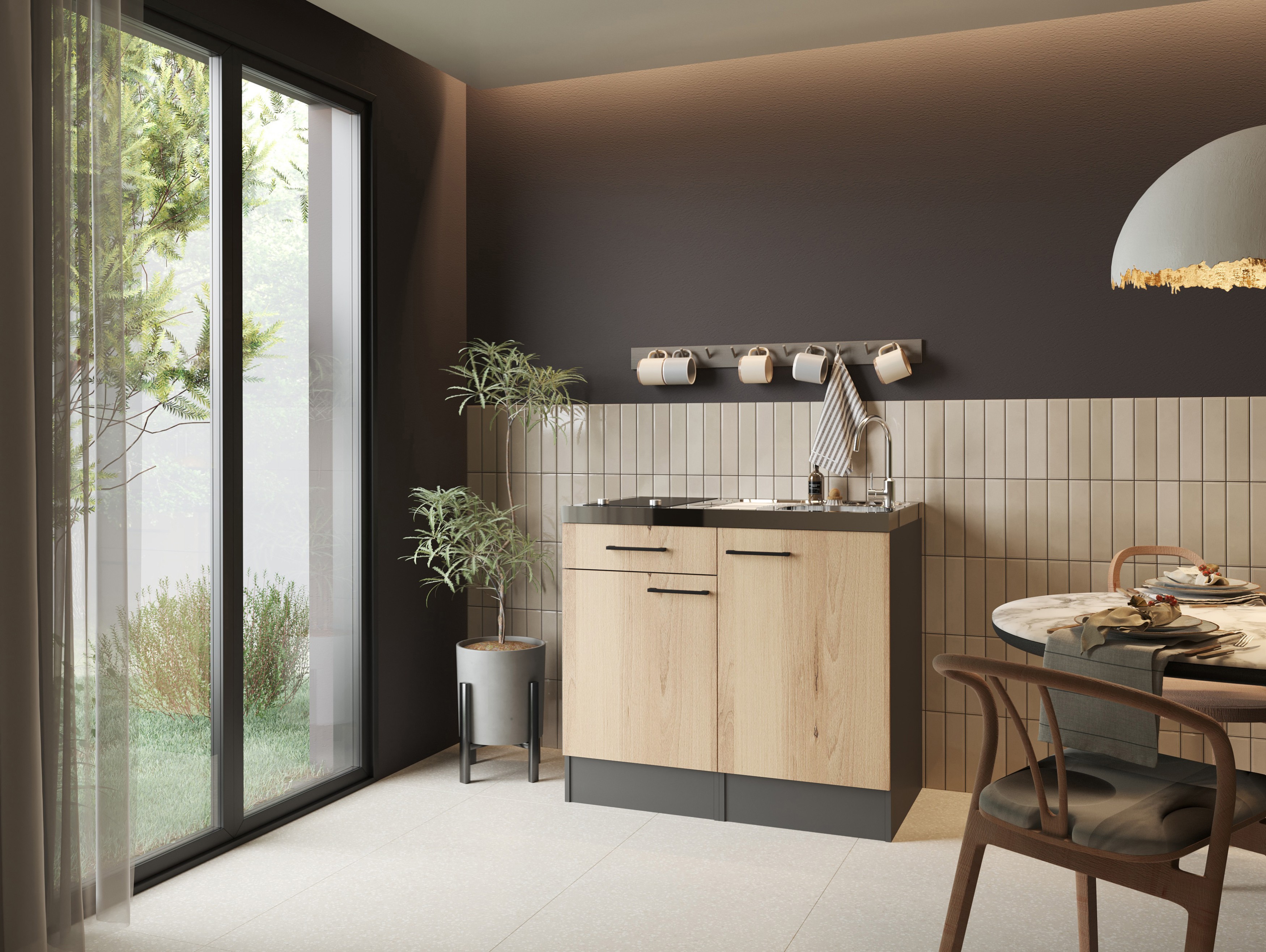 Miniküche Singleküche Küche Pantry 100 cm Artisan Eiche Grau Oliver Respekta