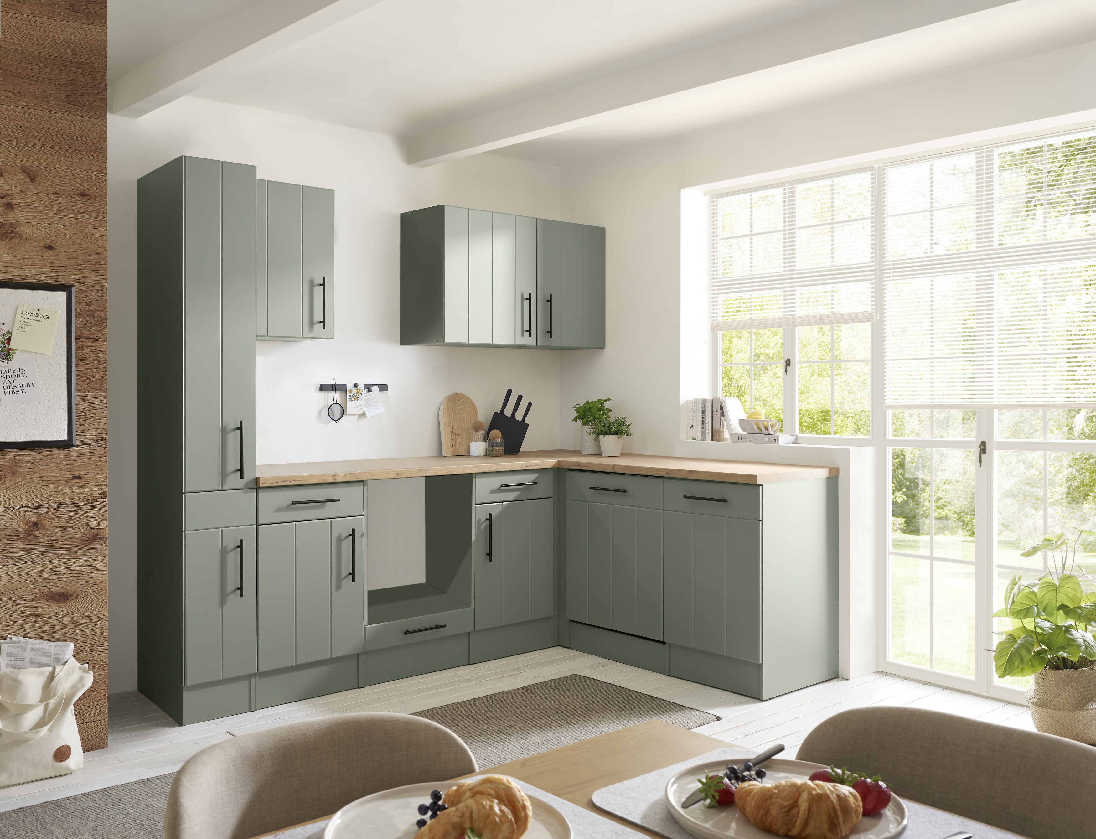 L Küche Einbauküche Winkelküche Landhaus Leerblock Grün Anton 250 cm Respekta