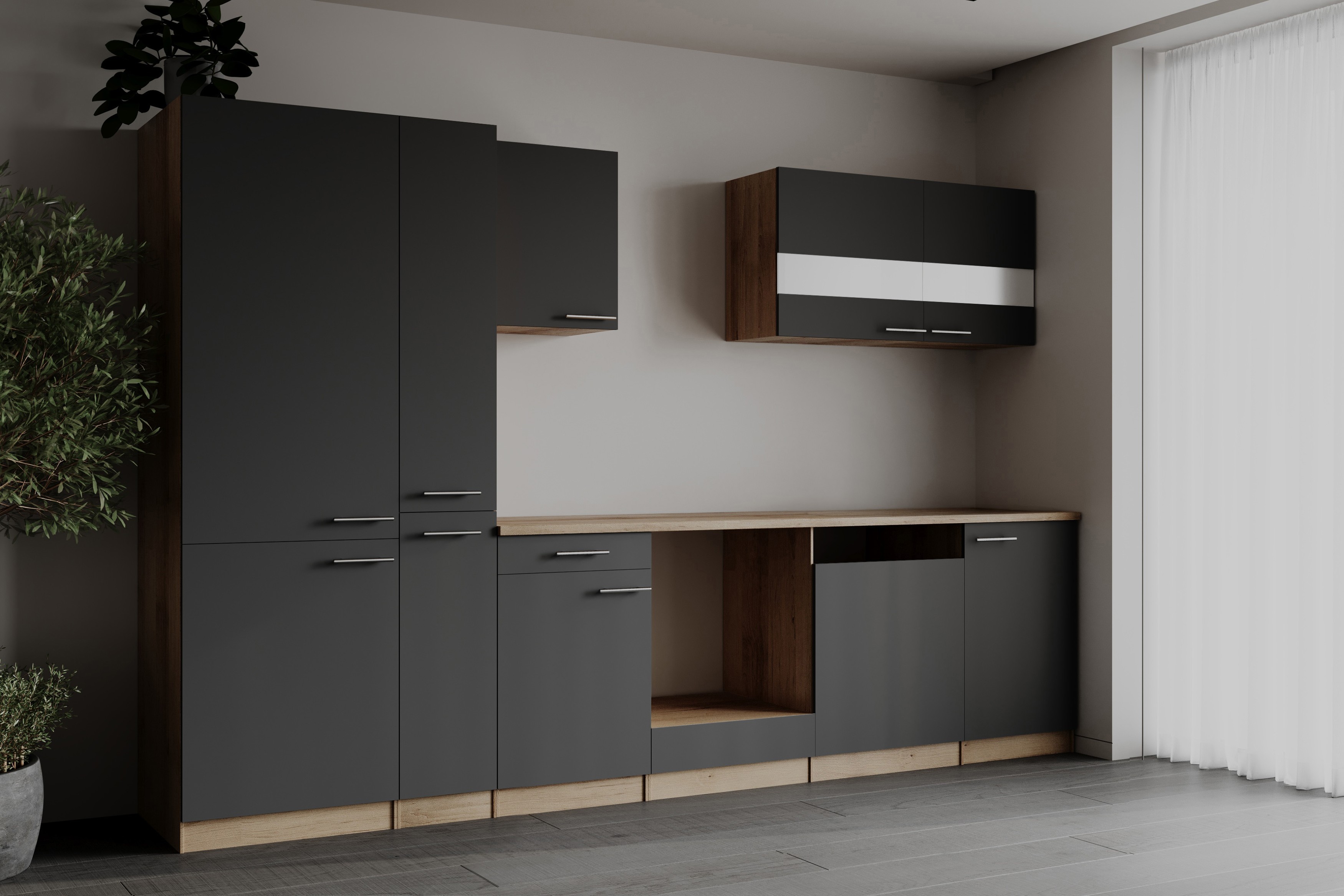 Einbauküche Küchenzeile Leerblock Eiche Sägerau Grau Merle 310 cm Respekta