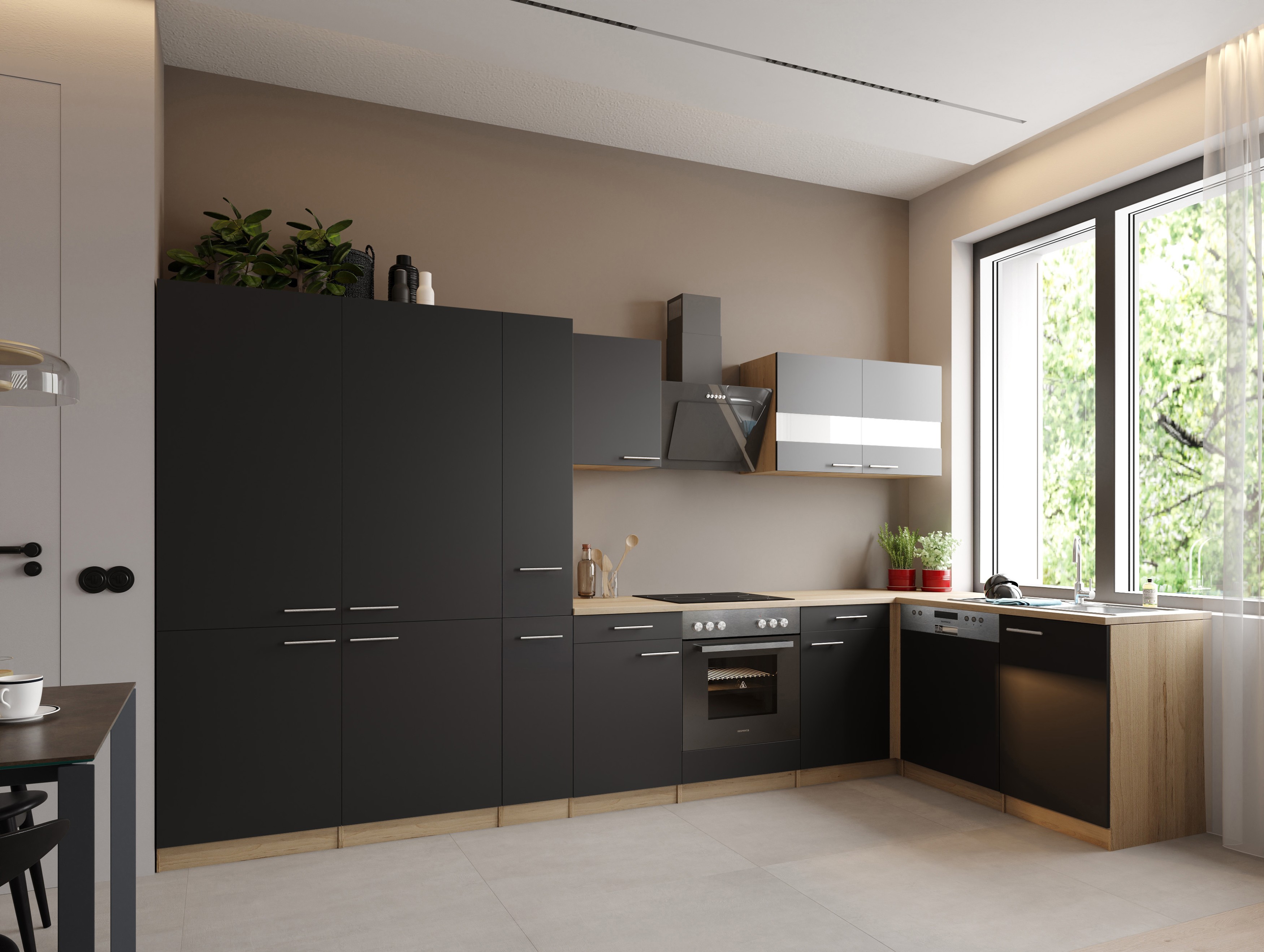 L Küche Einbau Winkelküche Eiche Sägerau Schwarz Merle 370 cm French Door Respekta