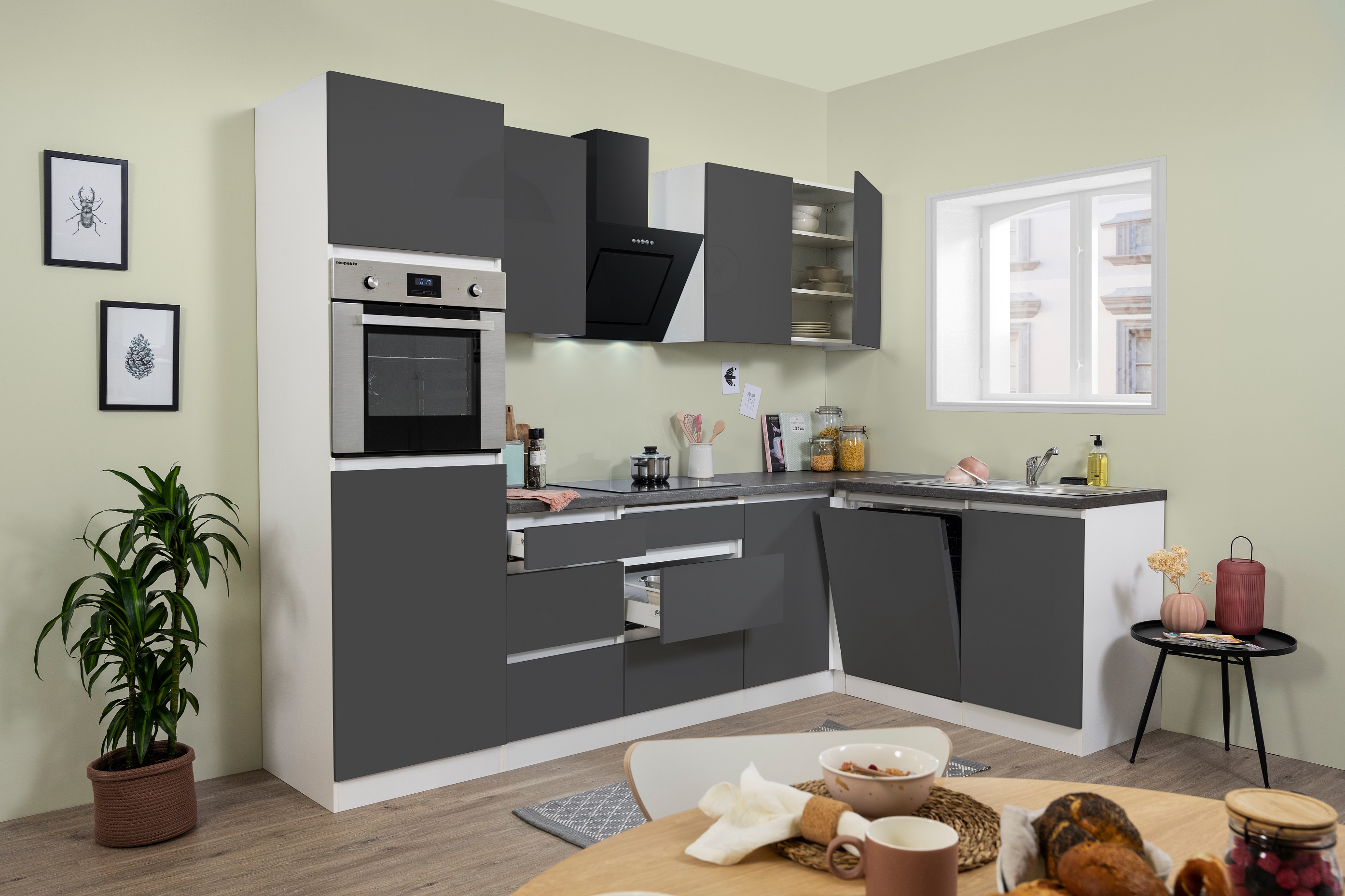 Angle kitchen Kitchenette L-shape kitchen handleless grey 280x172 cm respekta