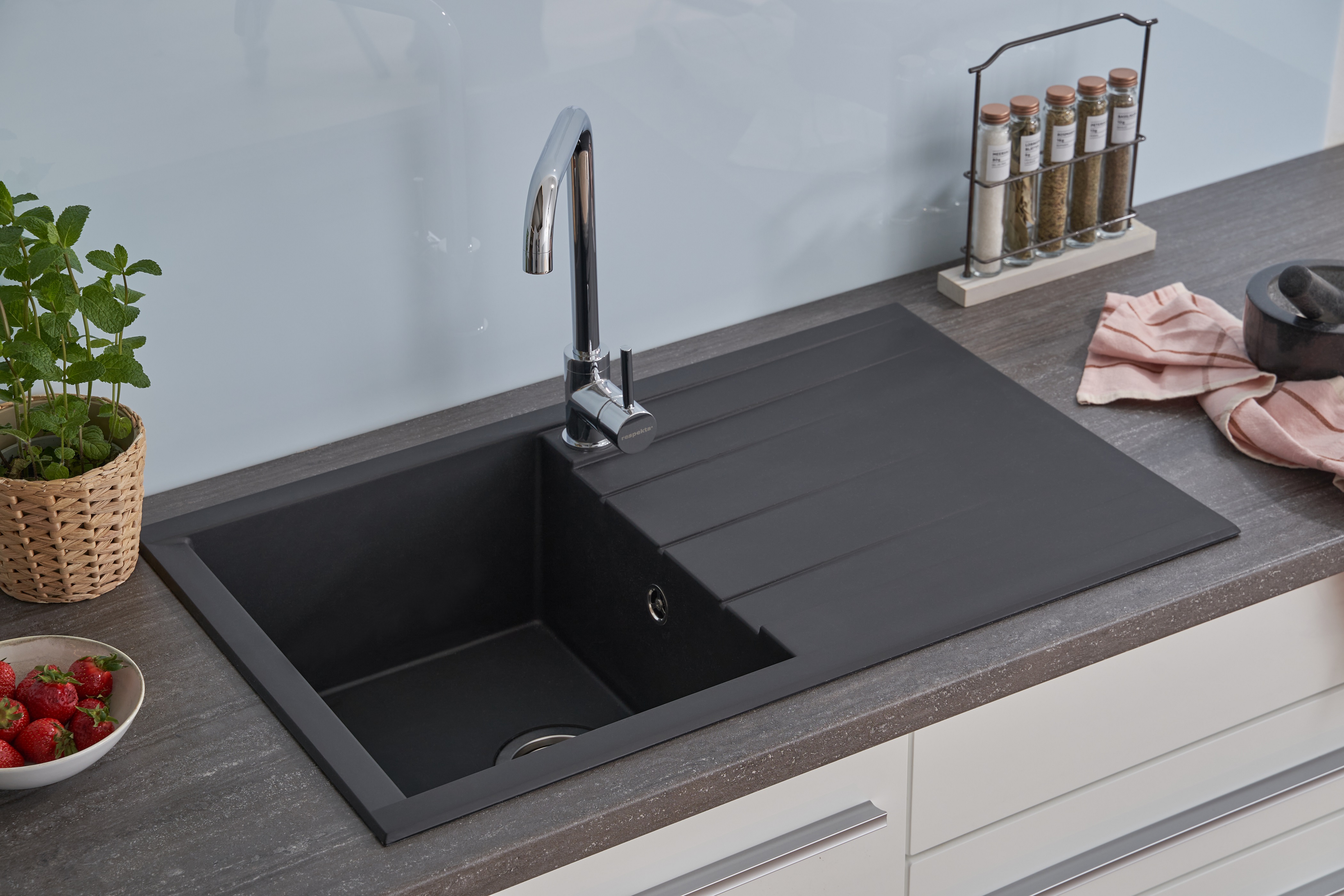 Sink Kitchen Sink Inbuilt Sink Mineralite Sink 86 x 50 Black Respekta 