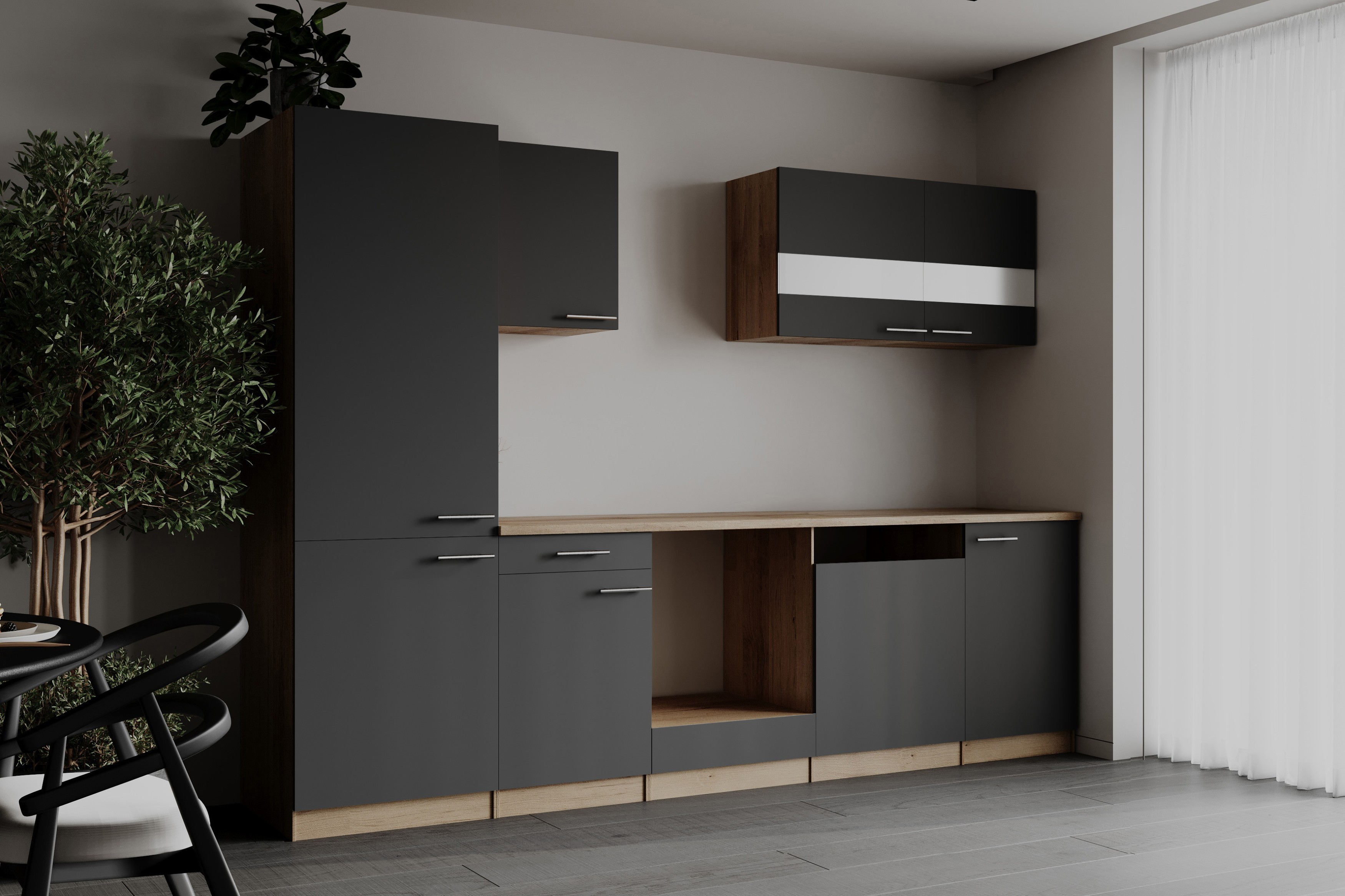 Einbauküche Küchenzeile Leerblock Eiche Sägerau Grau Merle 280 cm Respekta