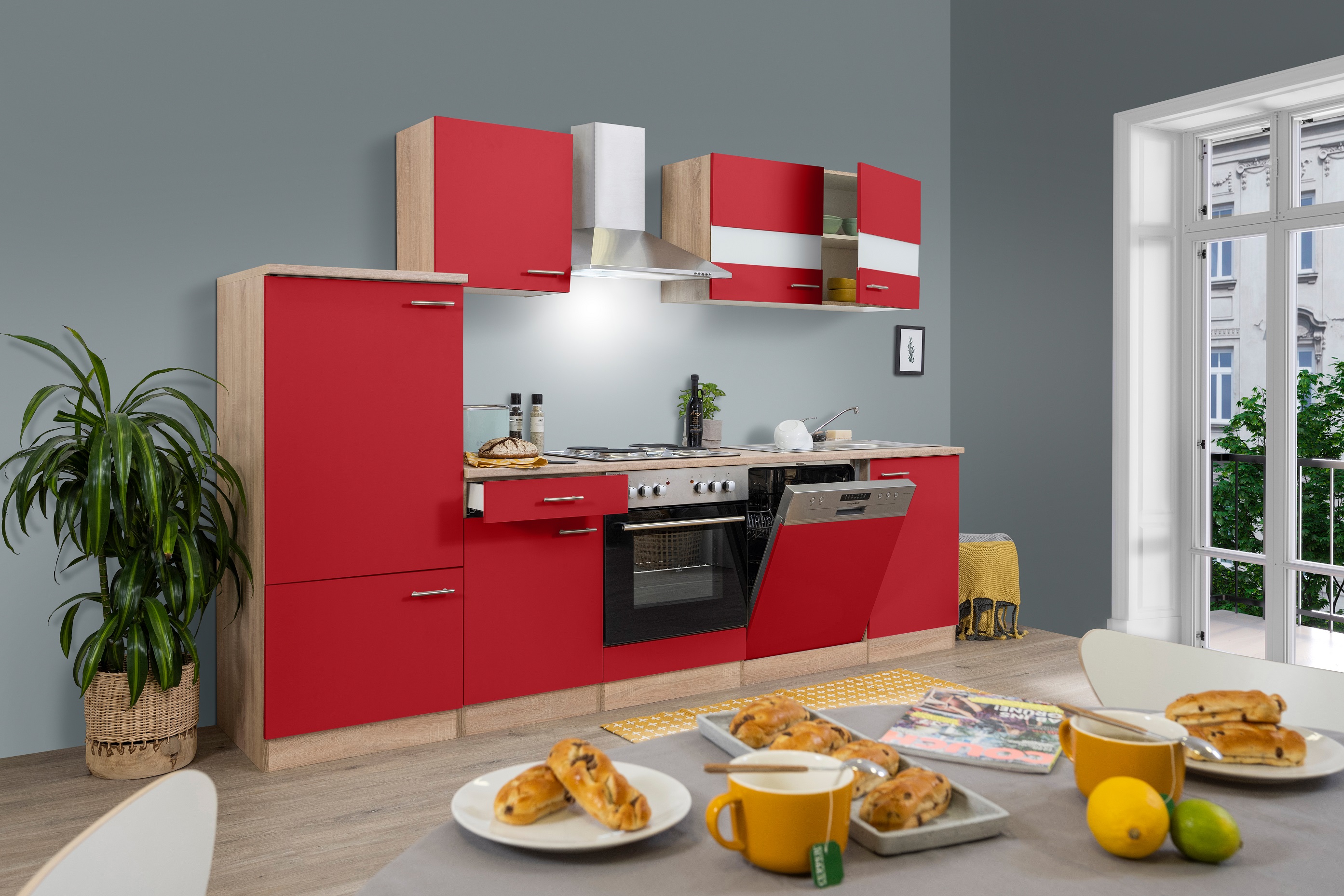 Küche Küchenzeile Singleküche Küchenblock 180 cm Eiche Sägerau rot respekta 