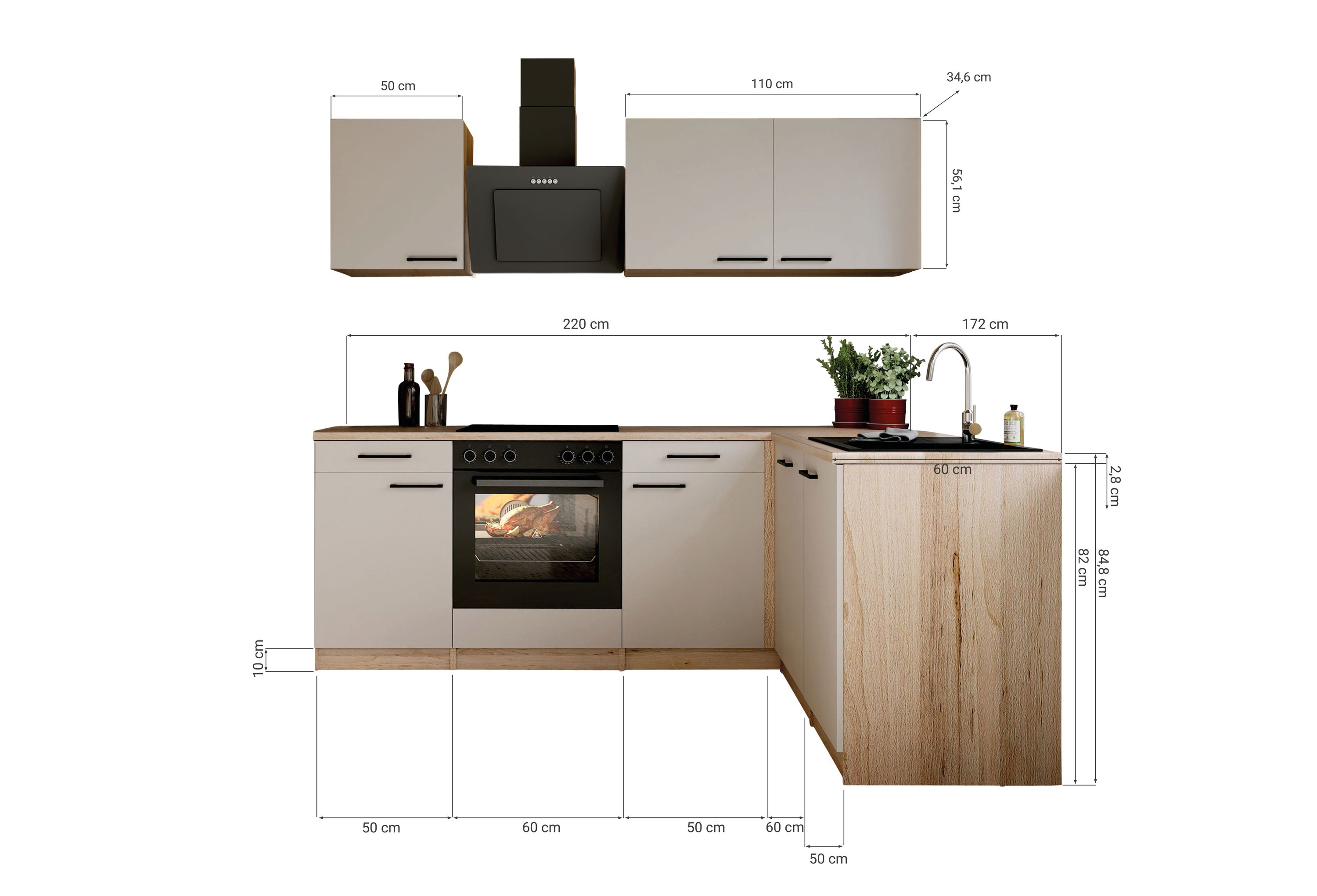 Respekta Küche L-Küchenzeile Merle Küchenblock 220 cm mit Fronten in – Kaschmir / Eiche Sägerau Nachbildung