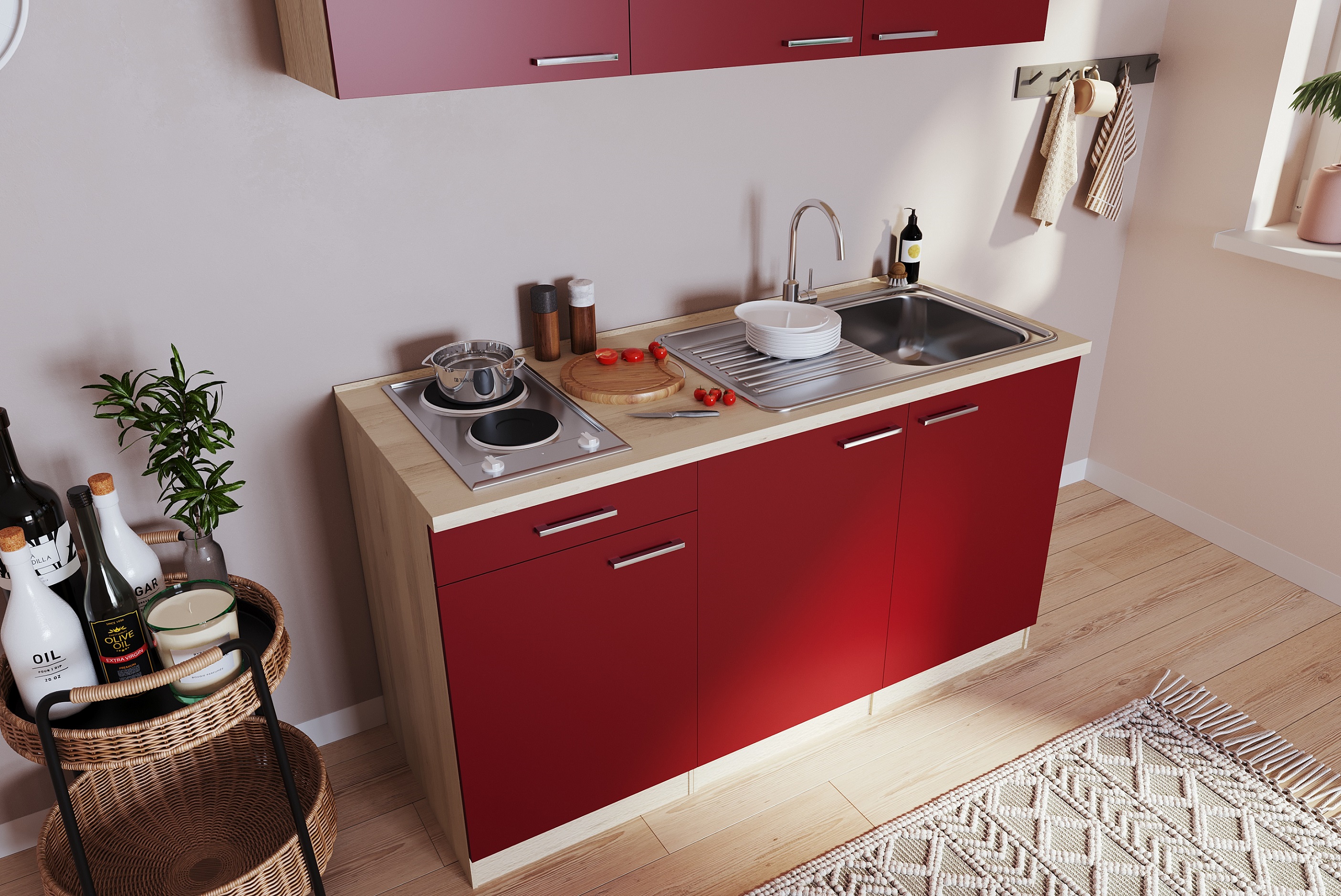 Küche Miniküche Single Eiche  Rot ohne Kühlschrank  Luis 150 cm Respekta
