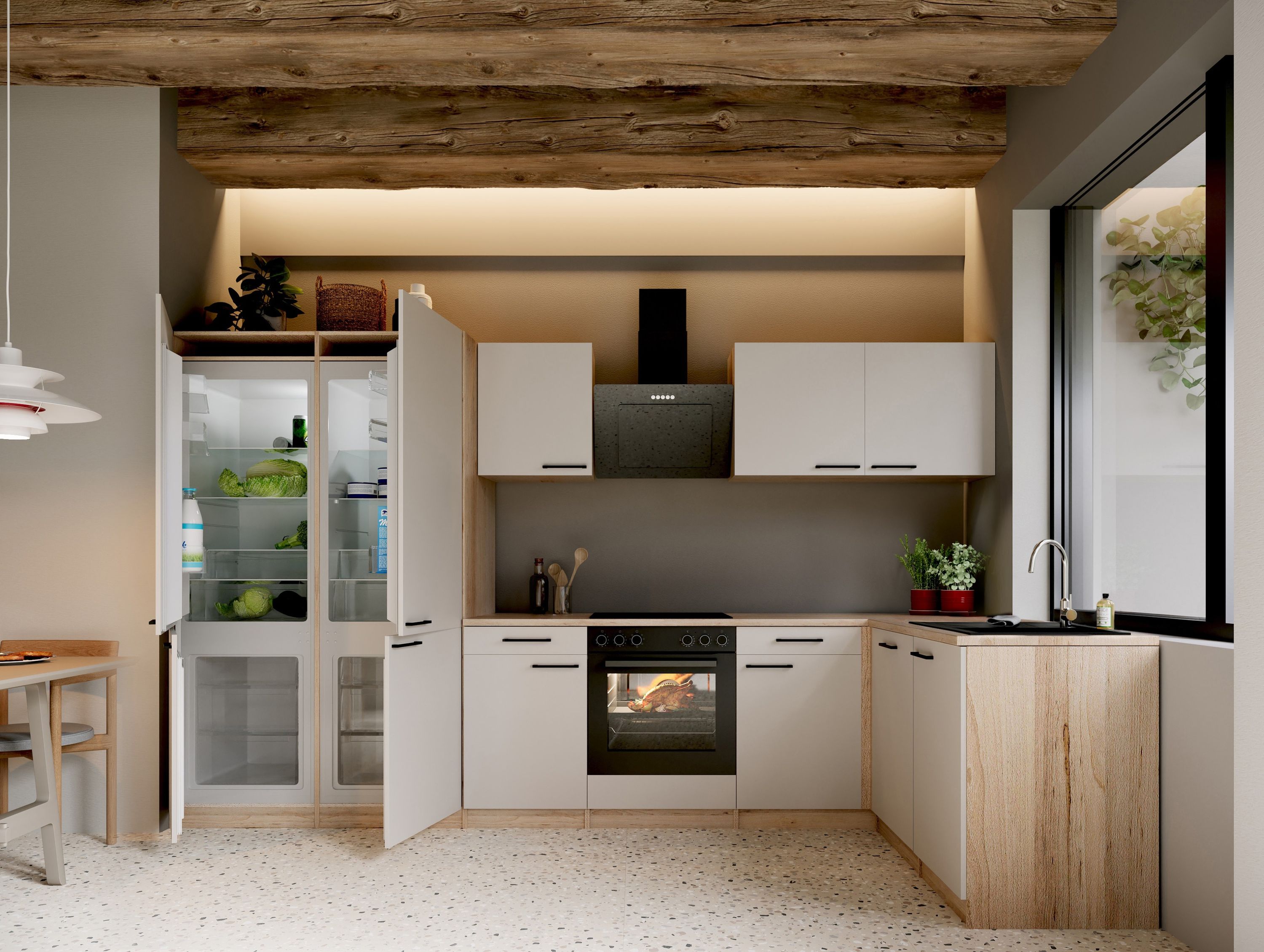Respekta Küche L-Küchenzeile Merle mit Einbaukühlschrank French Door Optik 340 cm – Kaschmir / Eiche Sägerau Nachbildung