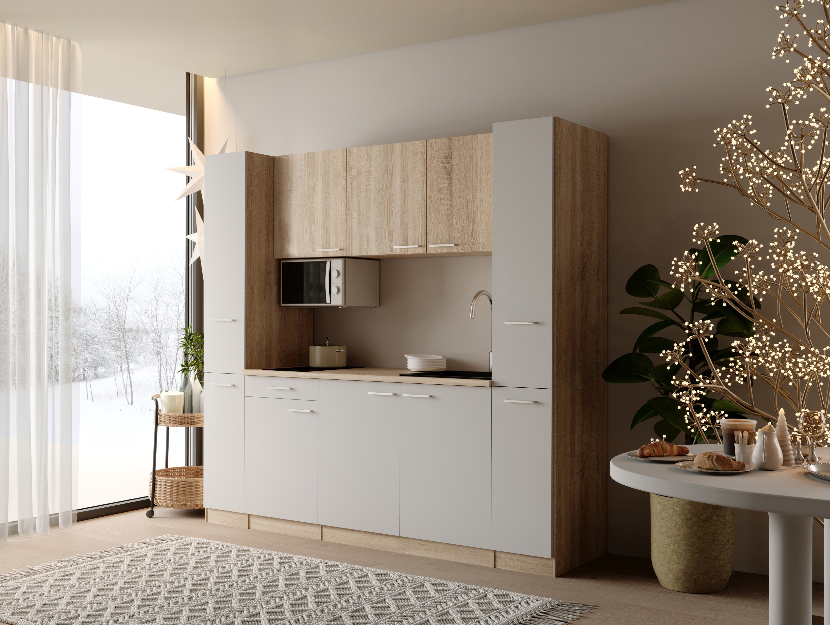 Küche Küchenzeile Singleküche Eiche Weiß Ingrid 210 cm ohne Kühlschrank Respekta