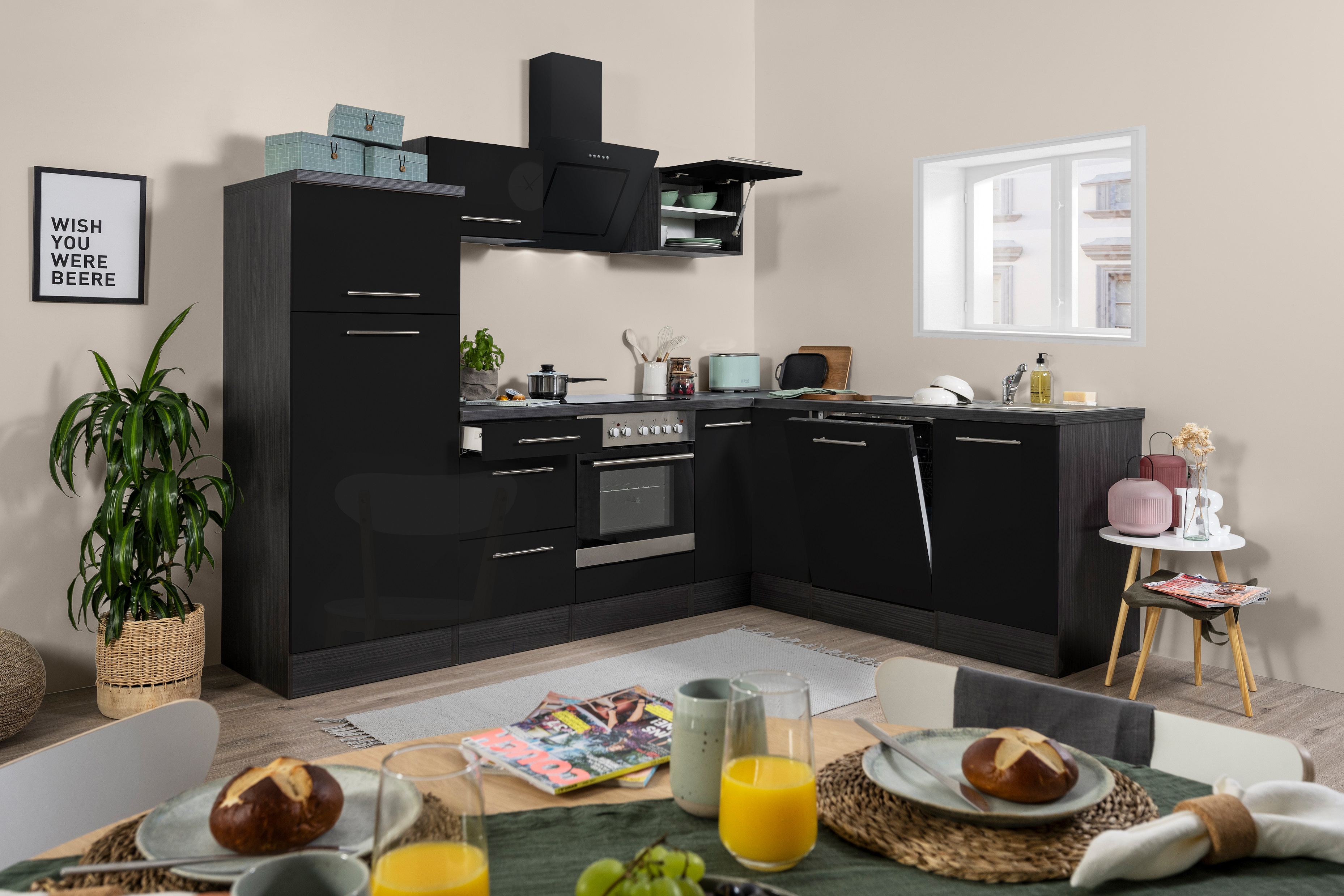 Küche Küchenzeile Winkelküche Eiche Schwarz Amanda 260 x 200 cm Respekta Premium