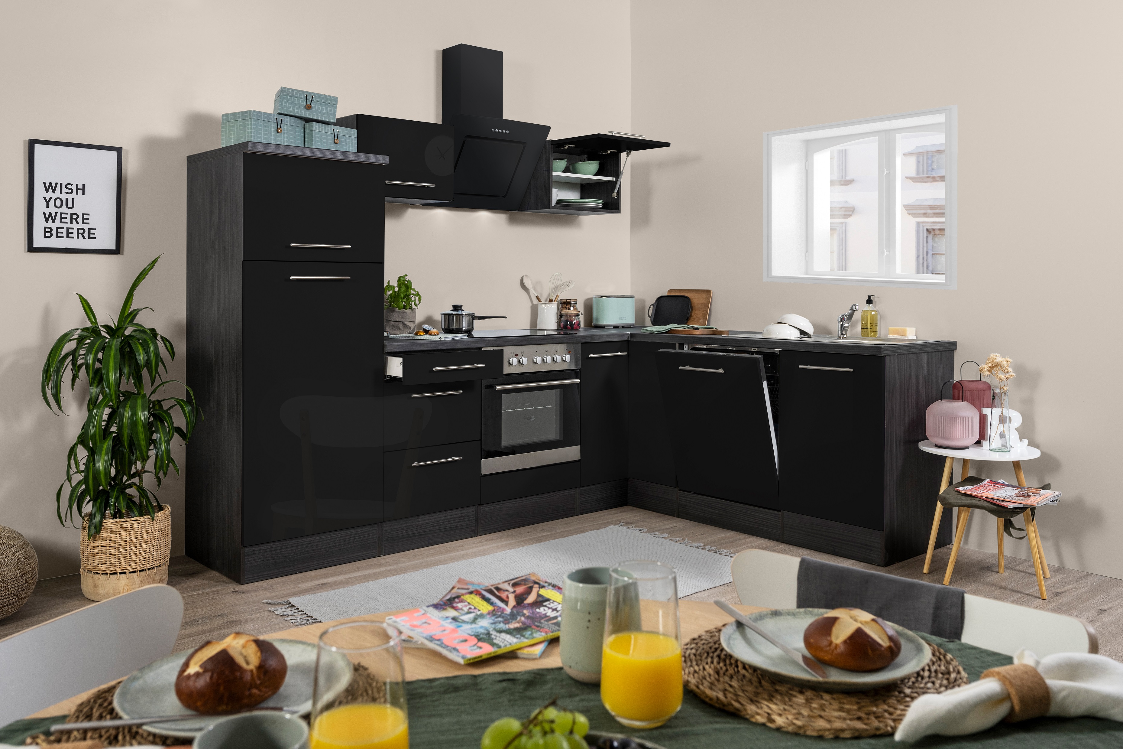 Angle kitchen kitchenette L-shape kitchen 260 x 200 cm respekta oak black