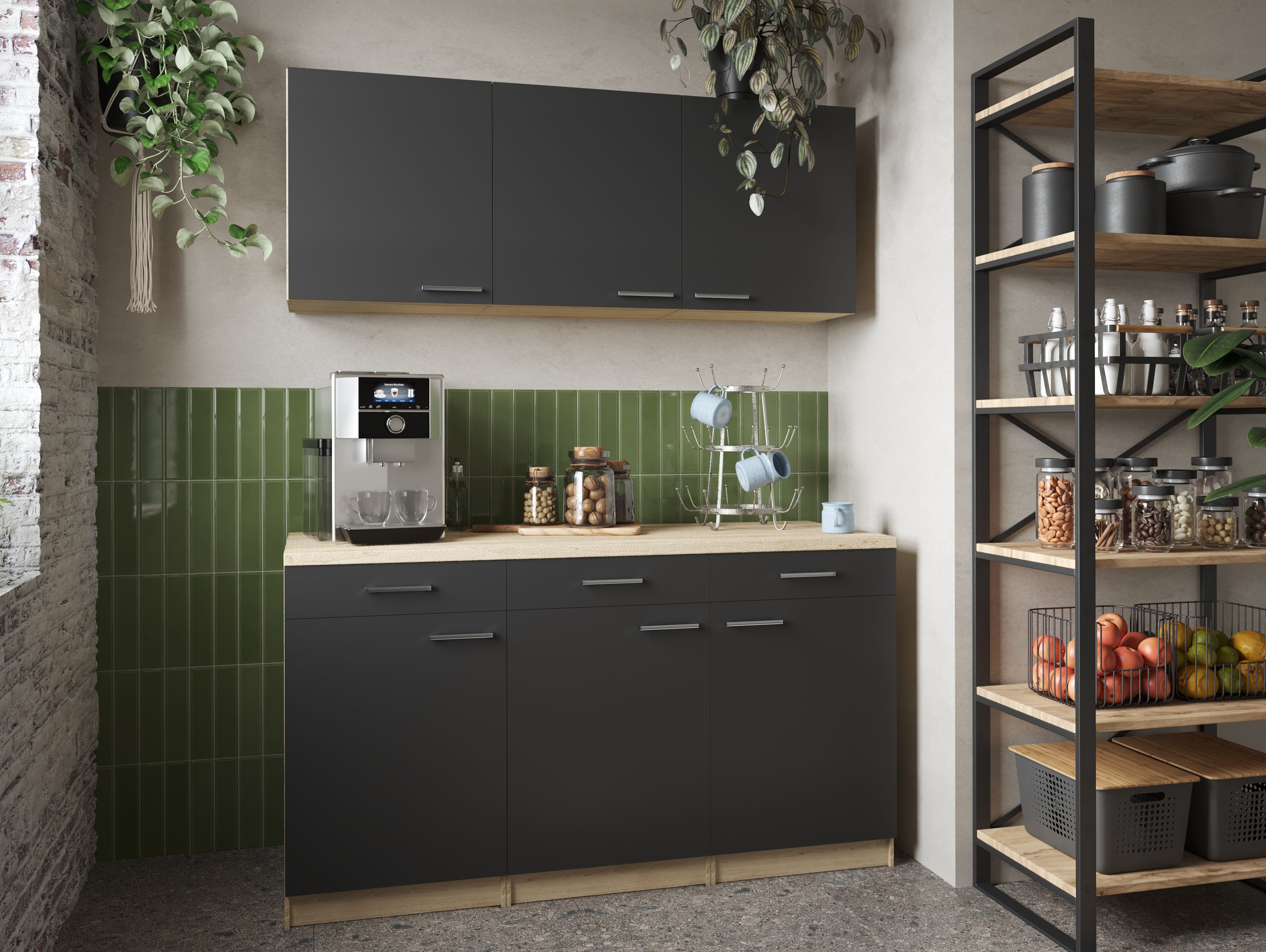 Küchenschrank Hängeschrank 150 cm Eiche Sägerau Schwarz Merle Respekta Küchenschrank Hängeschrank 150 cm Eiche Sägerau Schwarz Merle Respekta