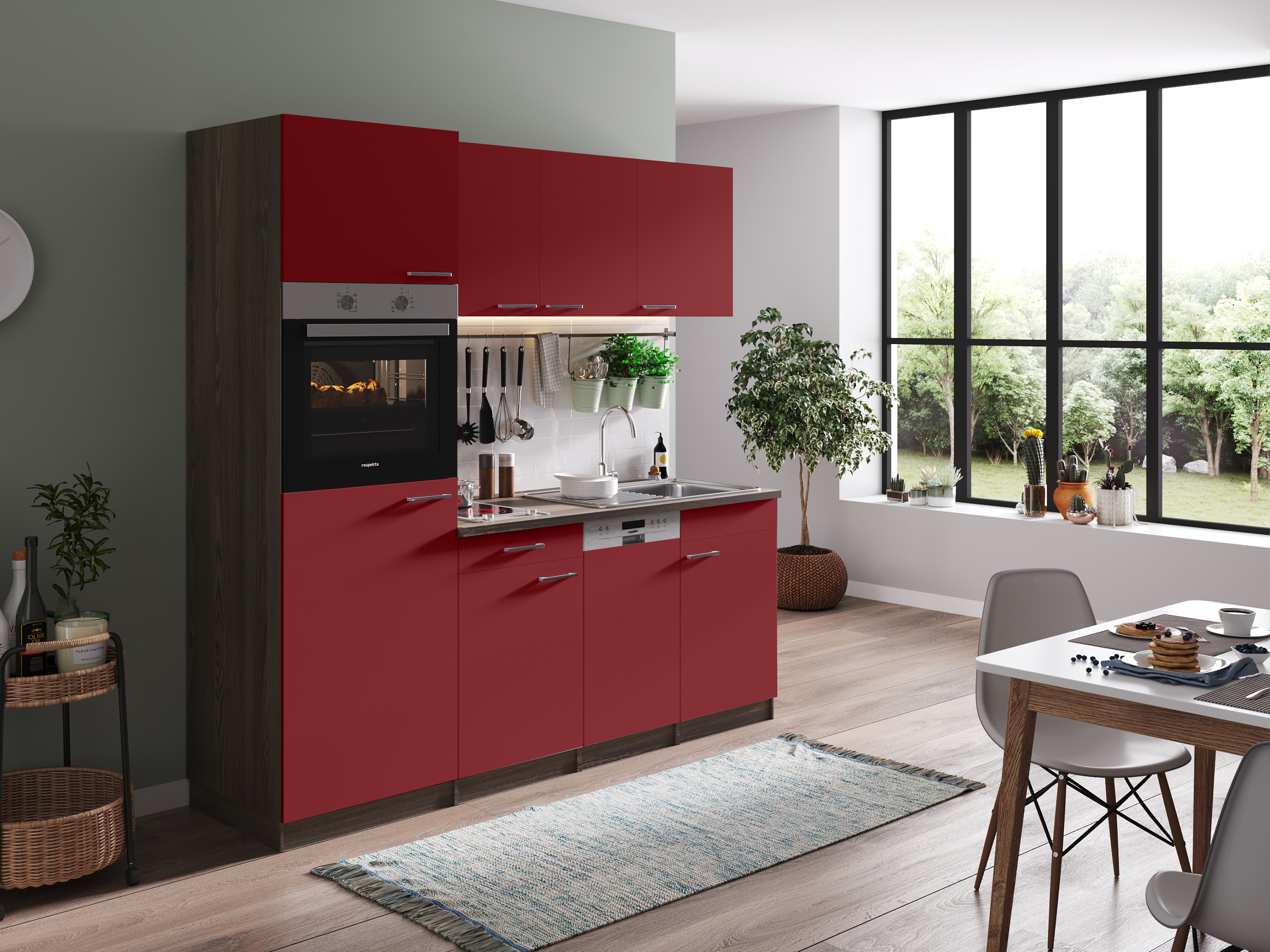 respekta Küche Küchenblock Küchenzeile Einbau Singleküche 205 cm Eiche York rot