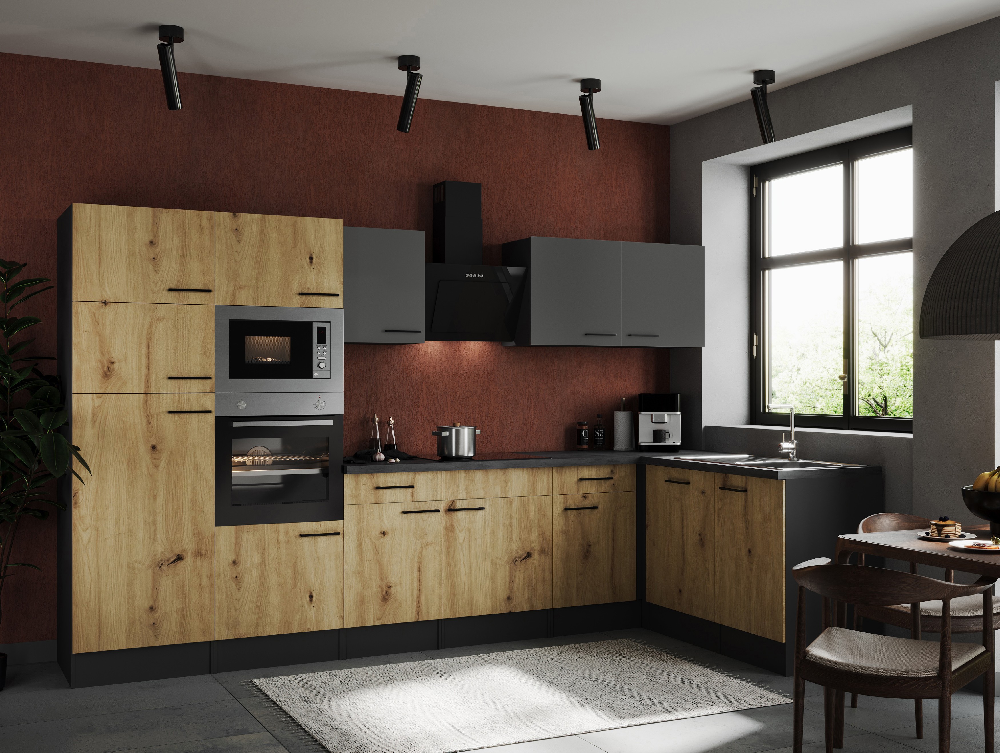 L Küche Küchenzeile Winkelküche Grau Matt Artisan Eiche Oliver 340 x 172 cm Respekta