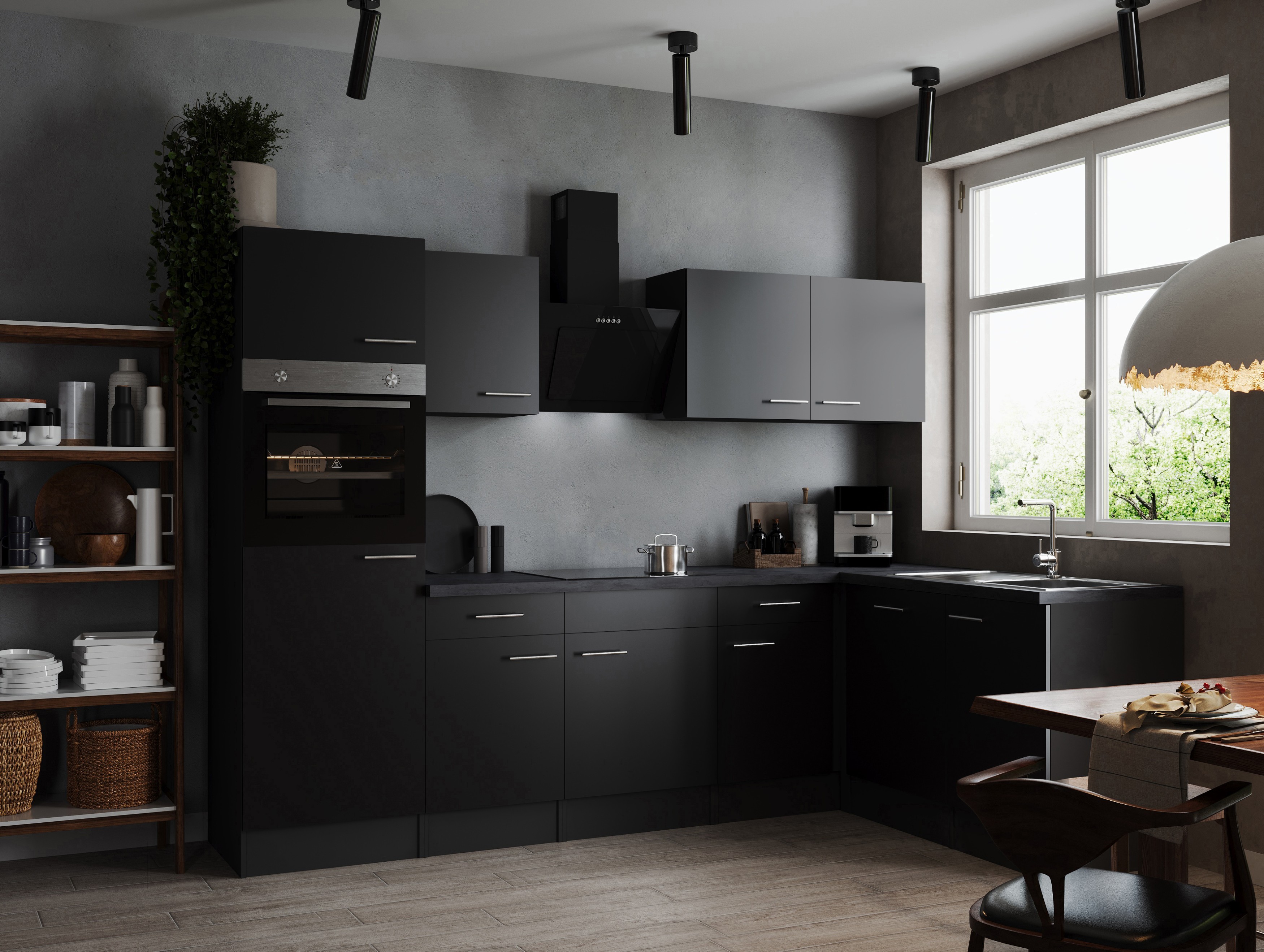 L Küche Küchenzeile Winkelküche Grau Matt Schwarz Oliver 280 x 172 cm Respekta