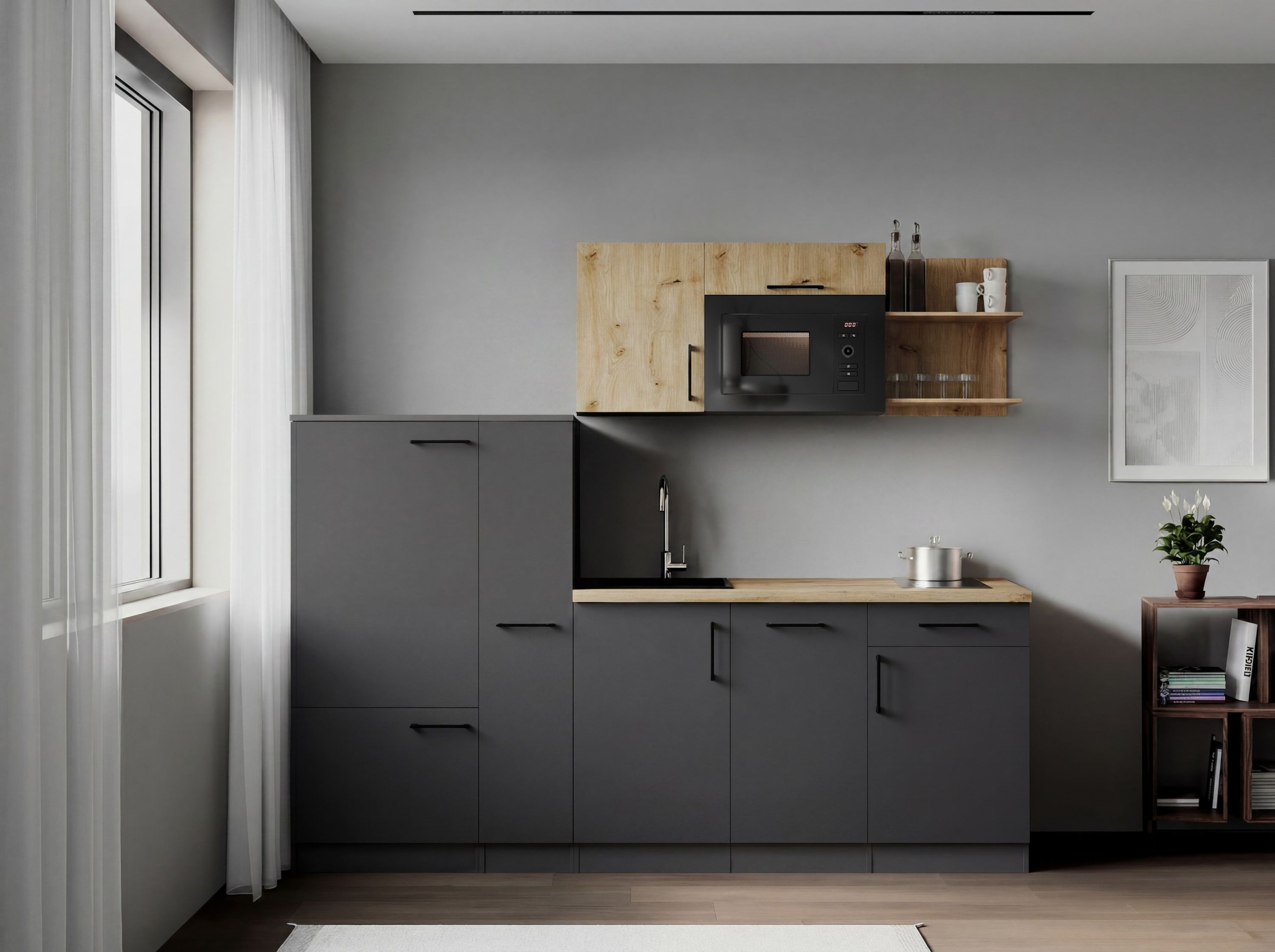 Respekta Küche Küchenzeile Oliver Singleküche 235 cm mit Fronten in – Grau Matt / Artisan Eiche Nachbildung