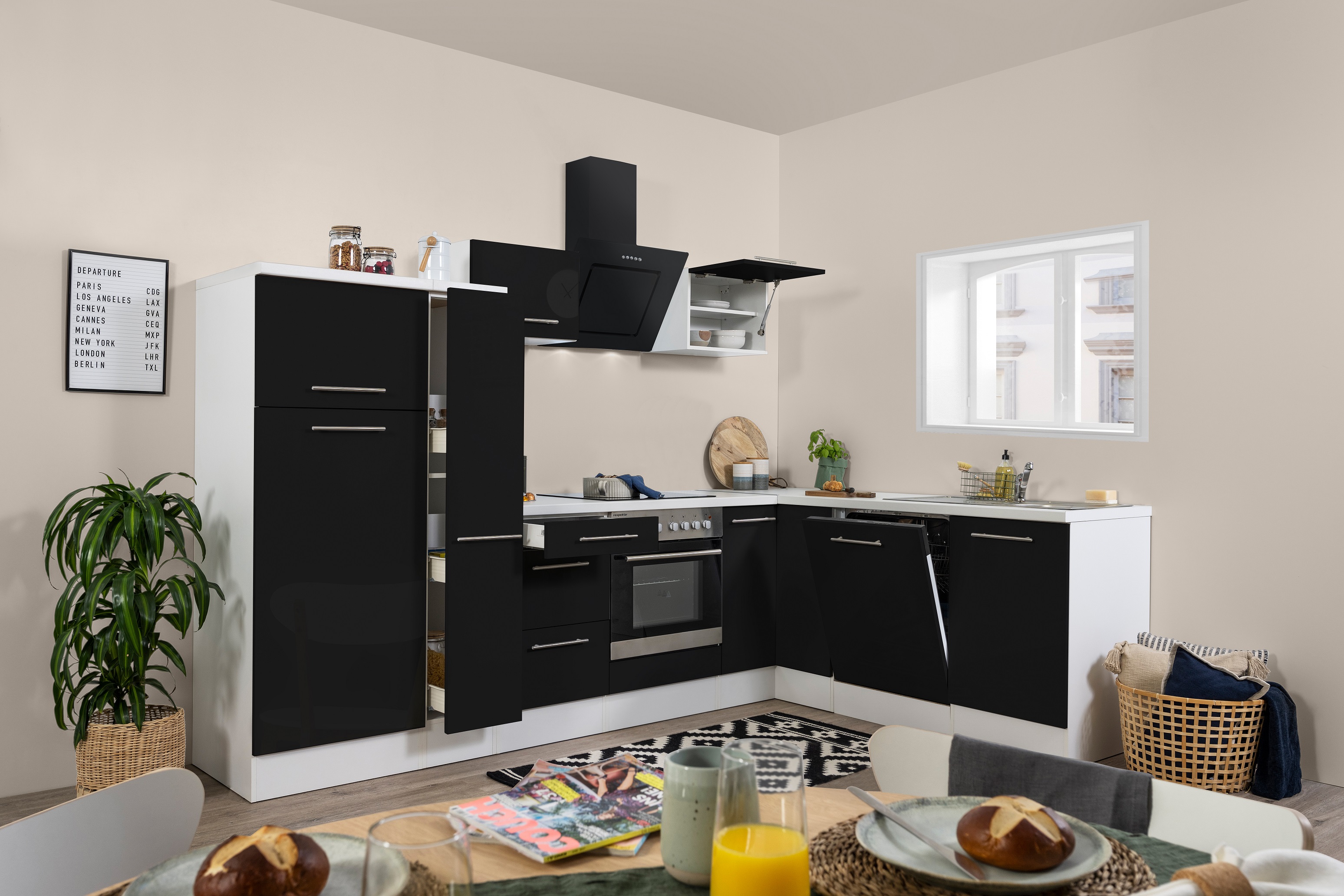 Angle kitchen kitchen unit L-shape kitchen fitted kitchen white black 290x200cm respekta