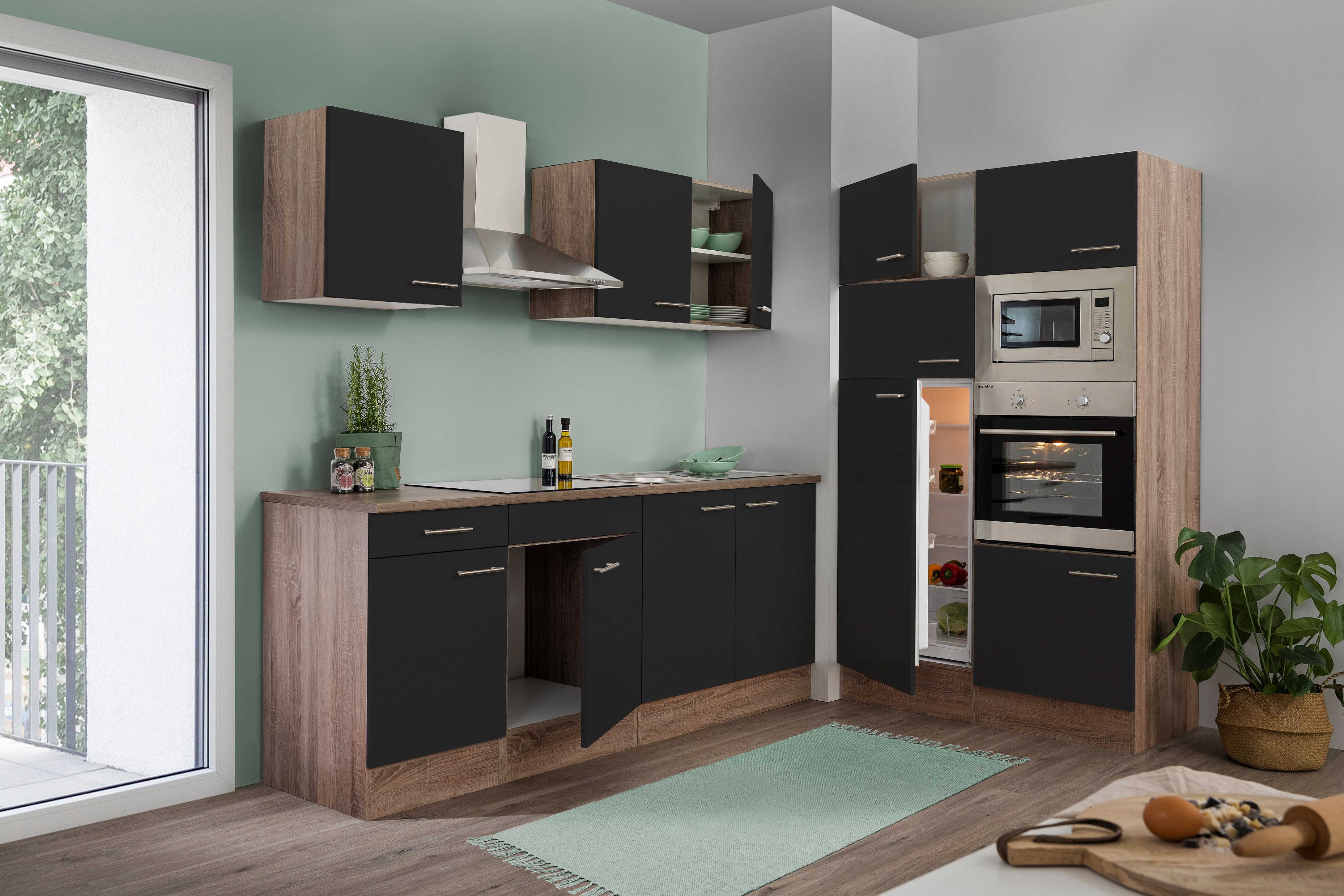 Küche Küchenzeile Leerblock Eiche York Schwarz Oliver 330 cm Respekta