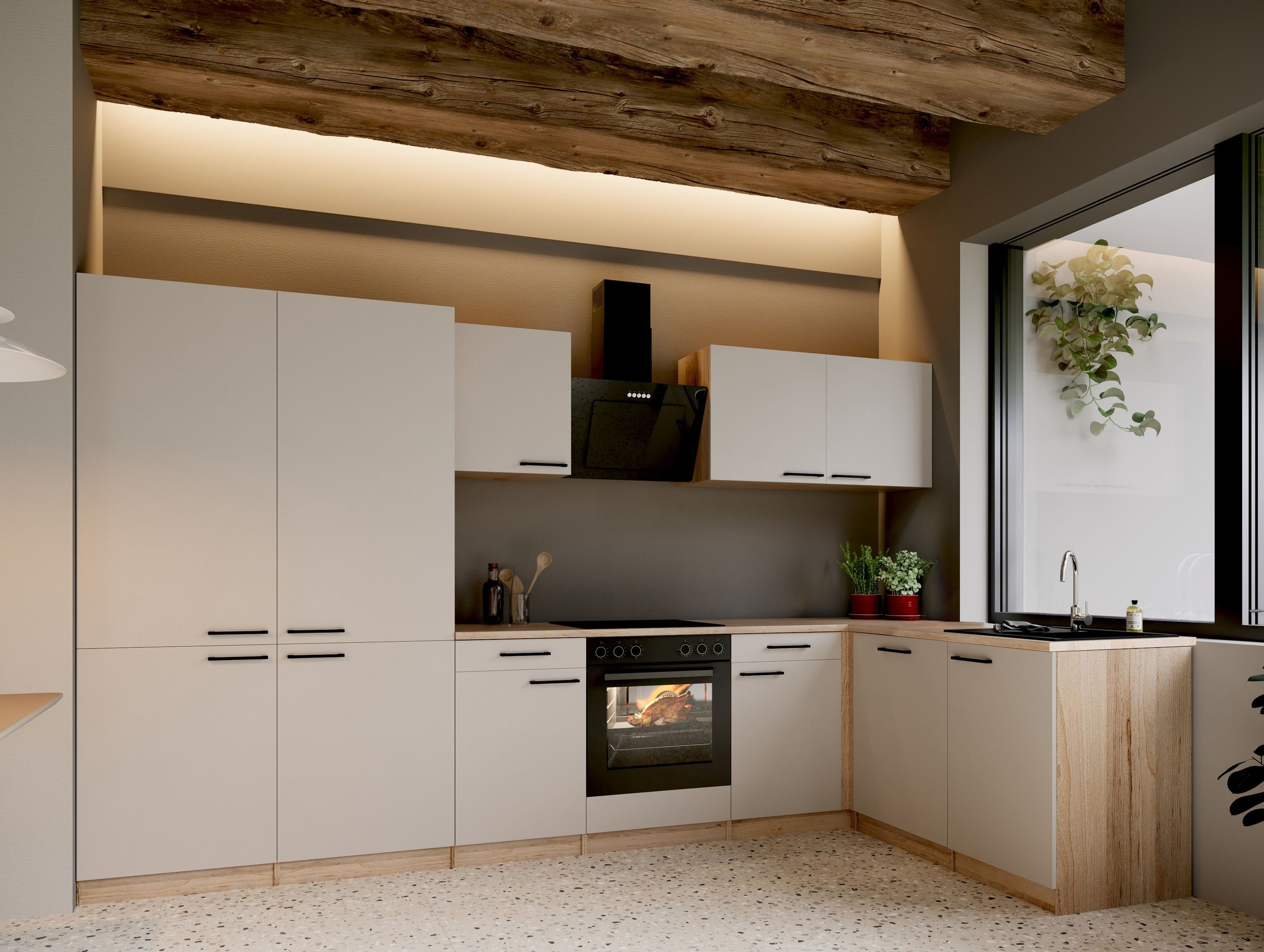 Respekta Küche L-Küchenzeile Merle mit Einbaukühlschrank French Door Optik 340 cm – Kaschmir / Eiche Sägerau Nachbildung