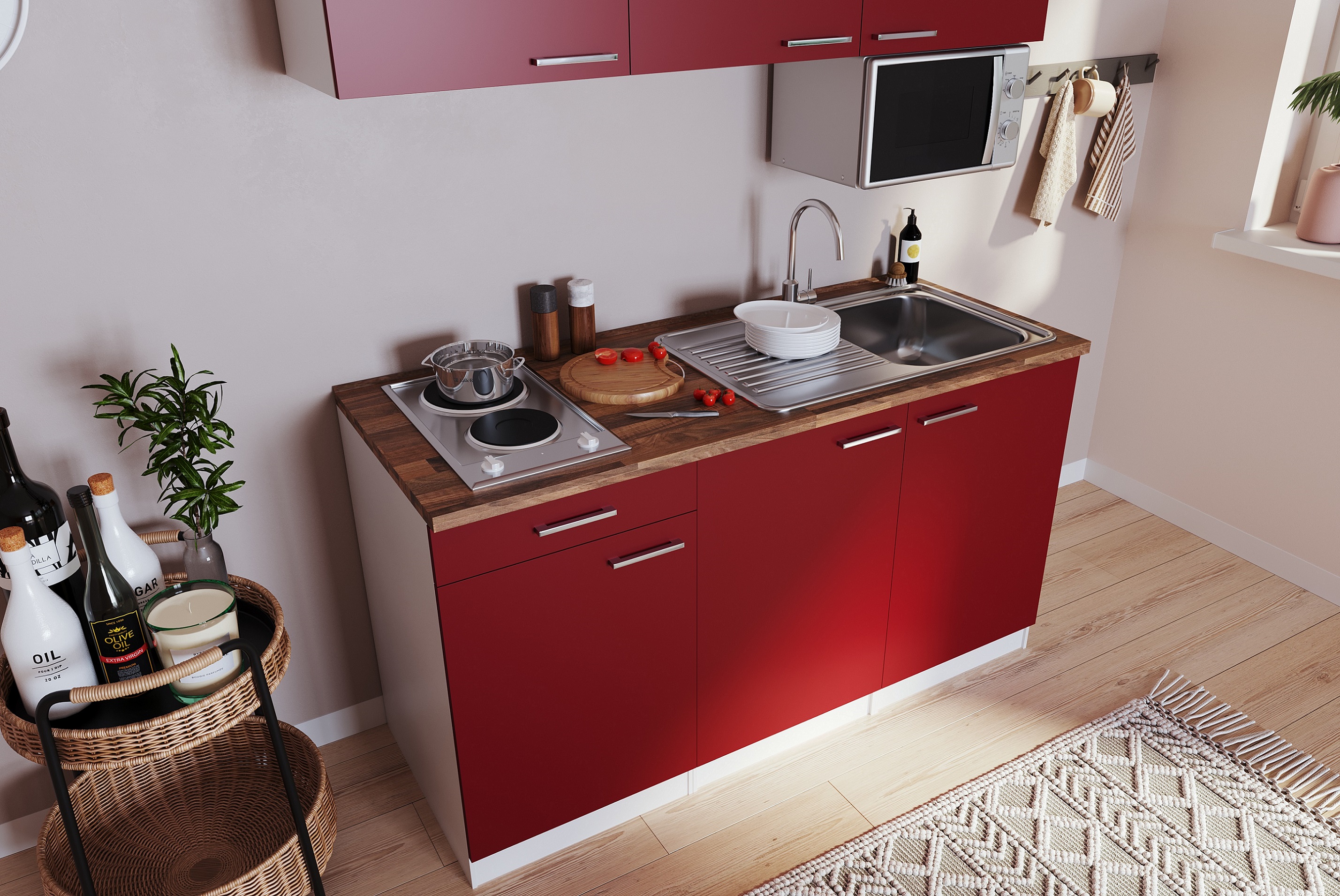 Respekta Miniküche Luis 150 cm weiß rot ohne Kühlschrank Singleküche Küche