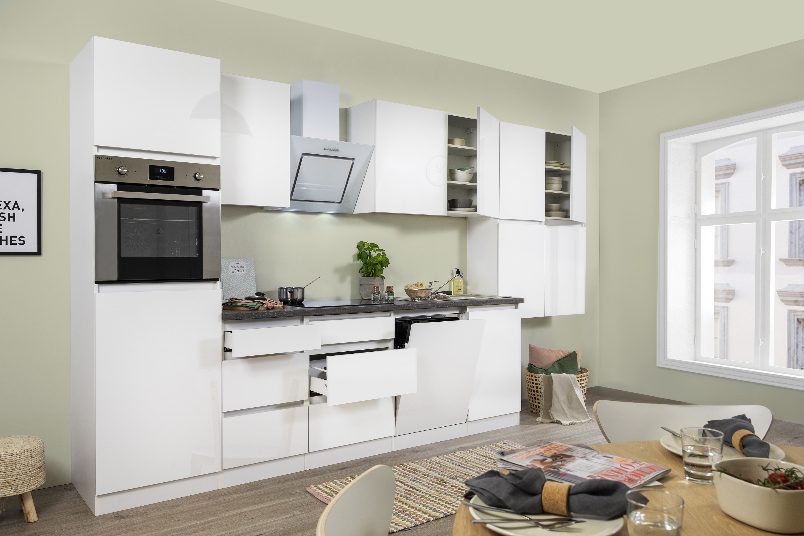 respekta kitchen kitchen unit handleless fitted kitchen 380 cm white gloss