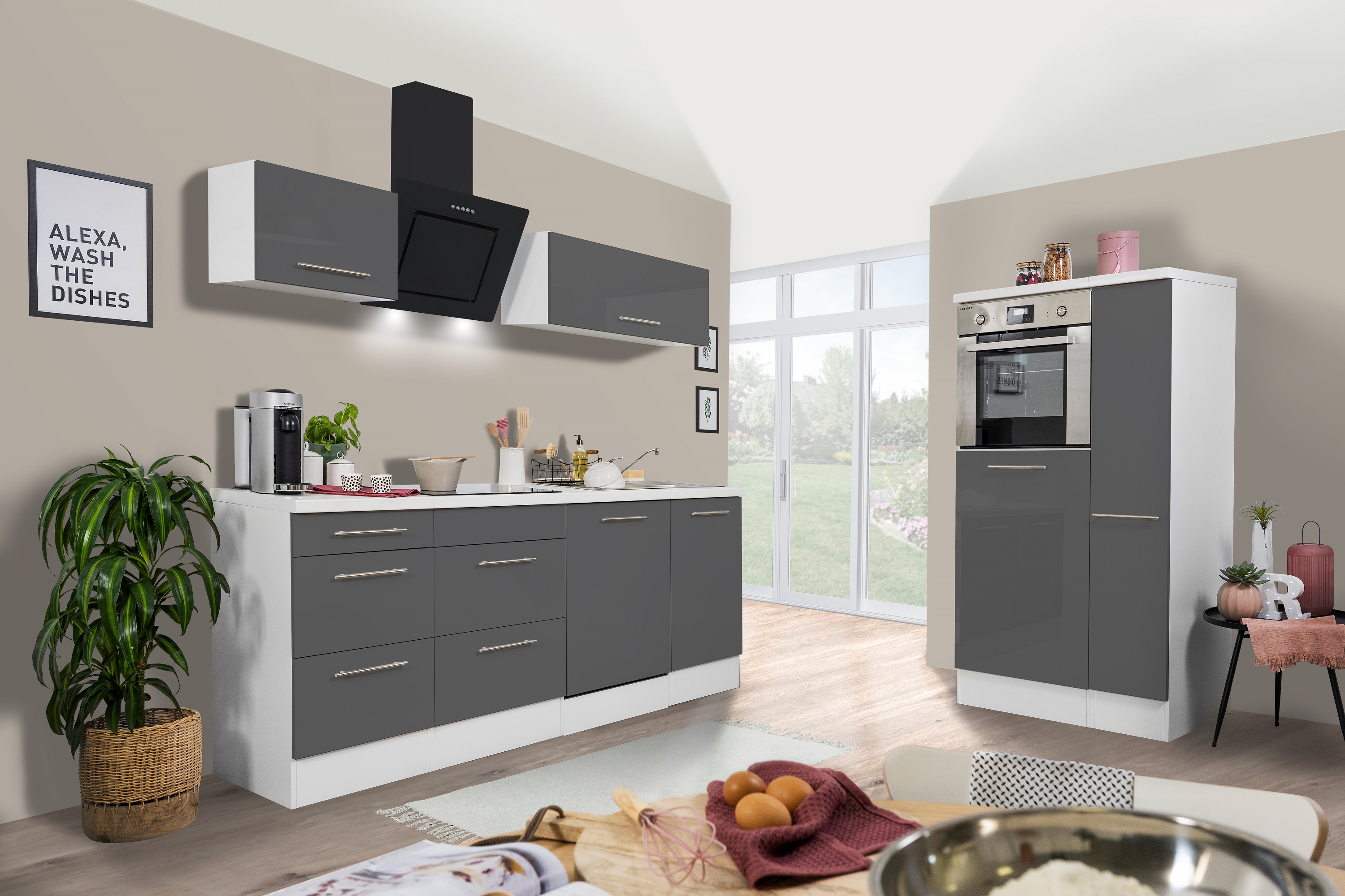 respekta blocco cucina cucina montato 280 cm bianco lucido grigio