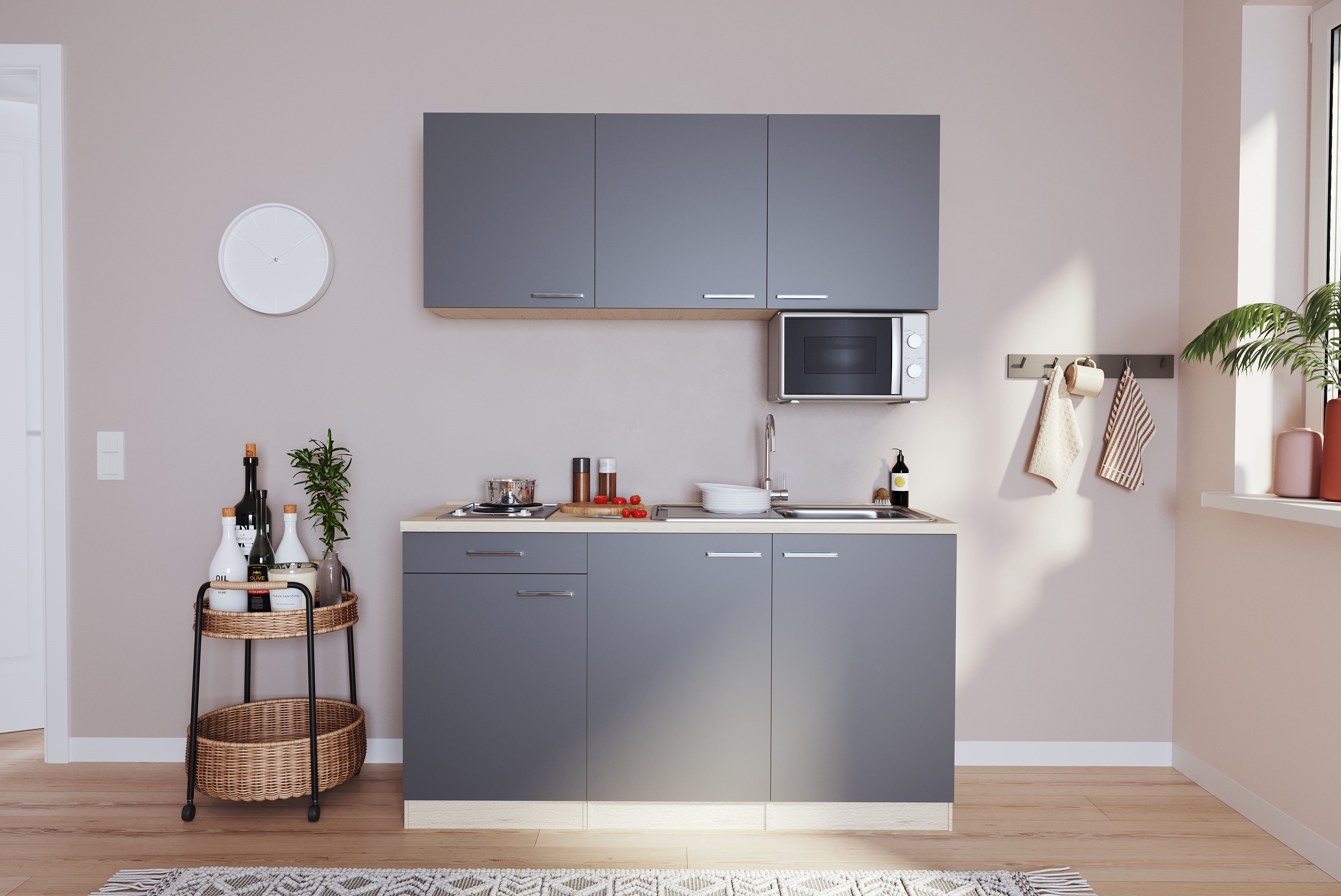 Respecta mini kitchen Luis 150 cm rough sawn gray gray without fridge single kitchen