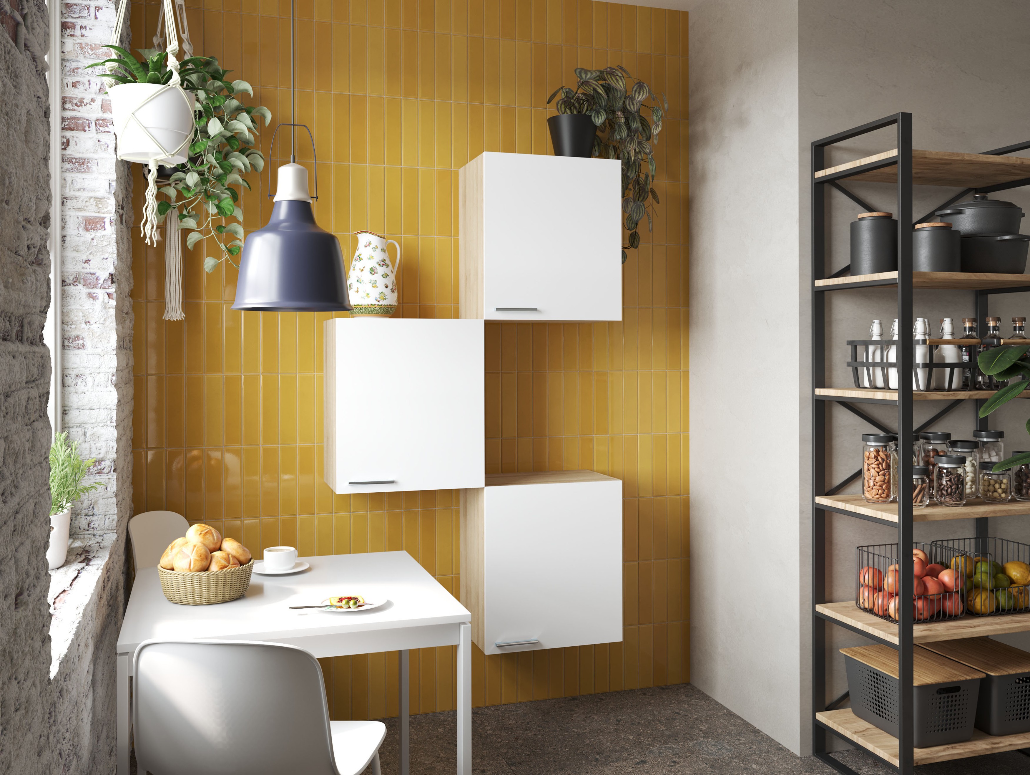 Oberschrank Hängeschrank 3x 50 cm Eiche Sägerau Weiß/Grau/Schwarz Merle Respekta