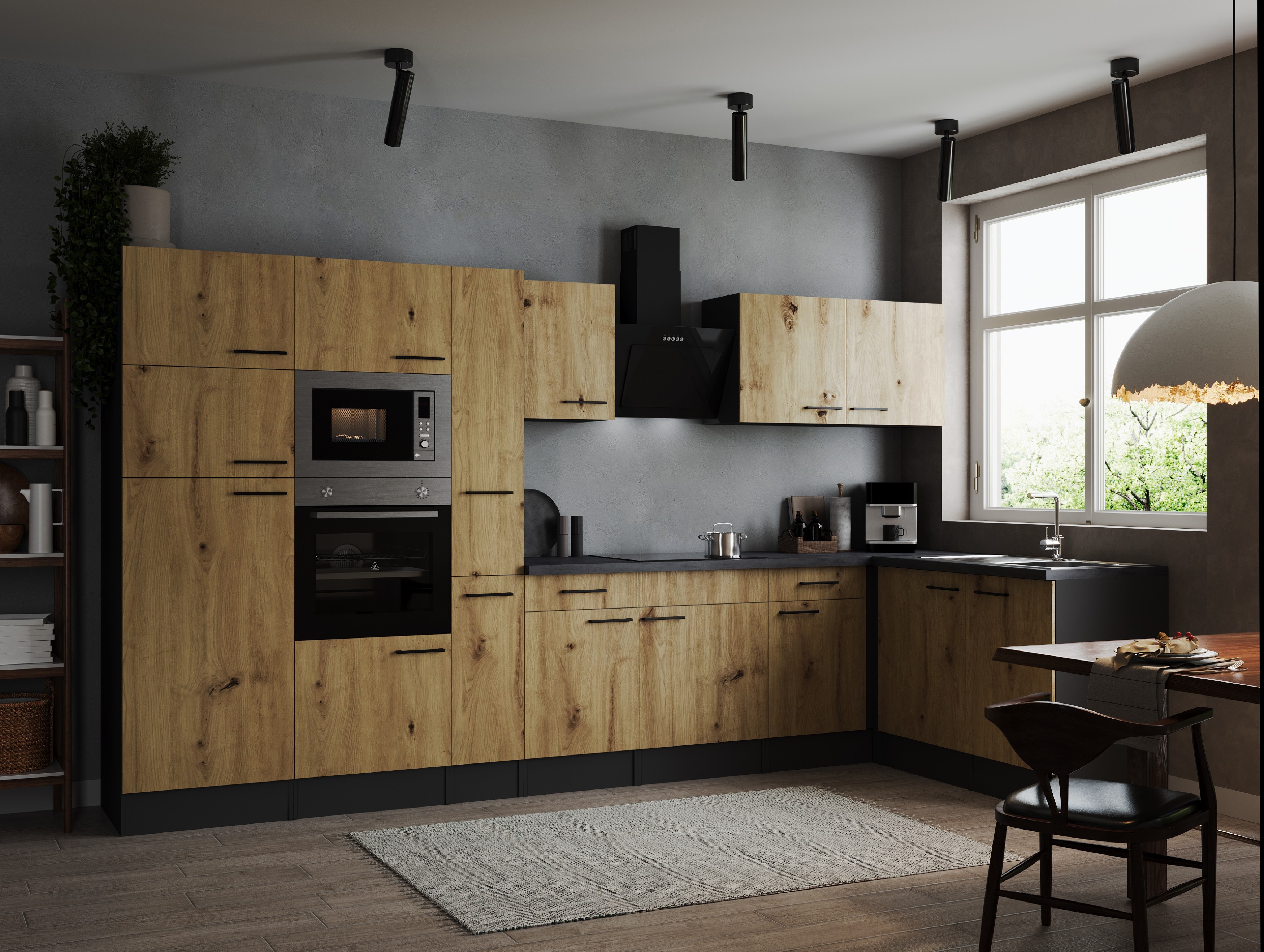 L Küche Küchenzeile Winkelküche Grau Matt Artisan Eiche Oliver 370 x 172 cm Respekta