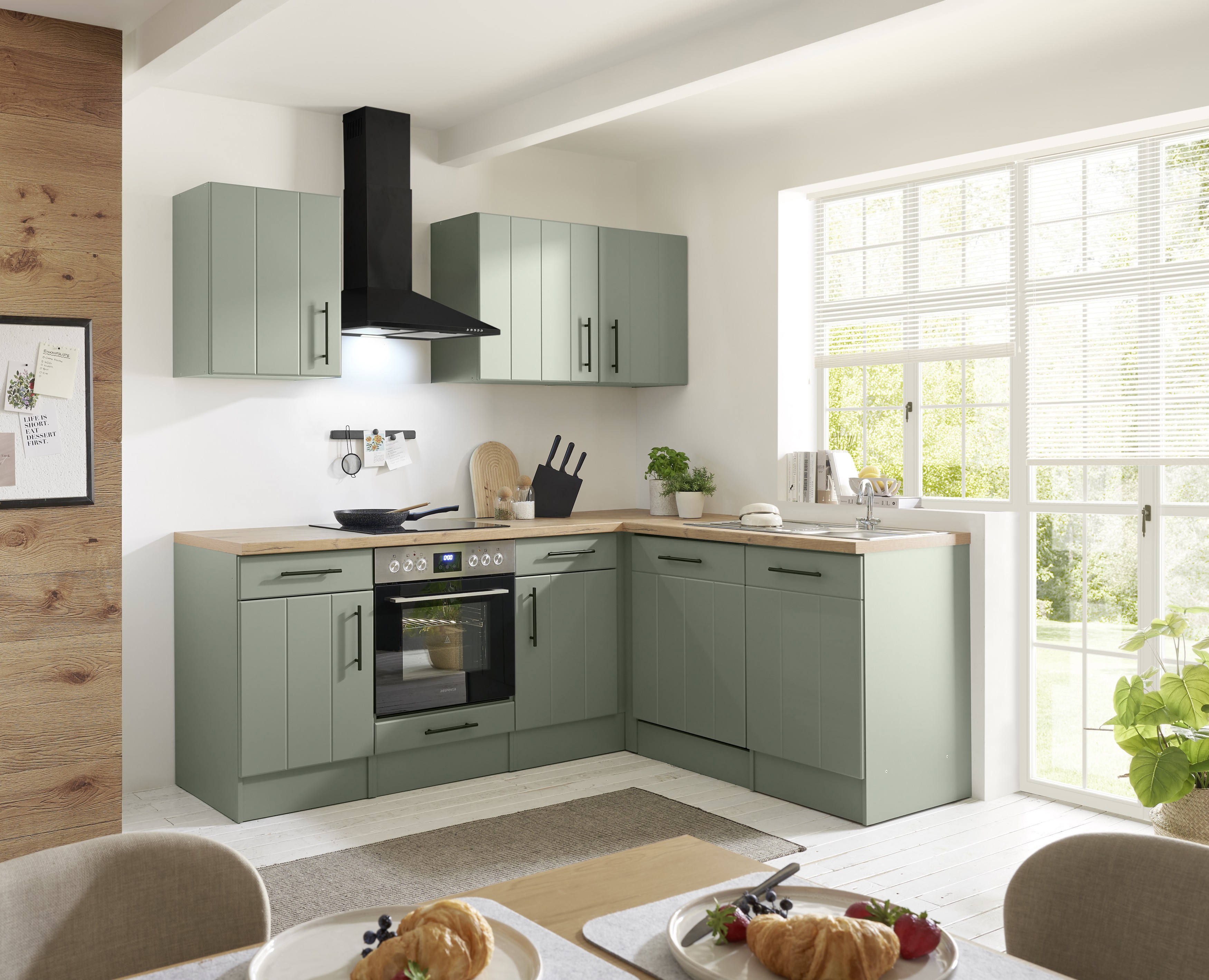 L Küche Einbauküche Winkelküche Landhaus Grün Anton 220 cm ohne Kühlschrank Respekta