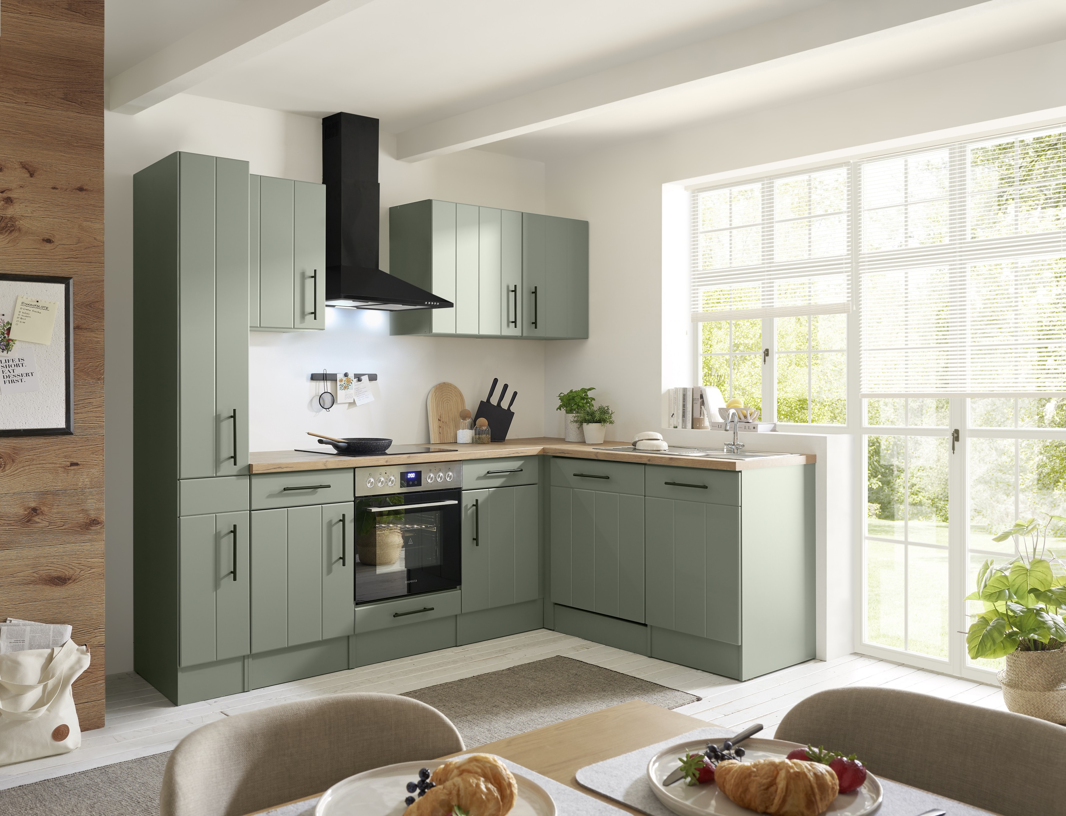 L Küche Einbauküche Winkelküche Landhaus Grün Anton 250 cm ohne Kühlschrank Respekta