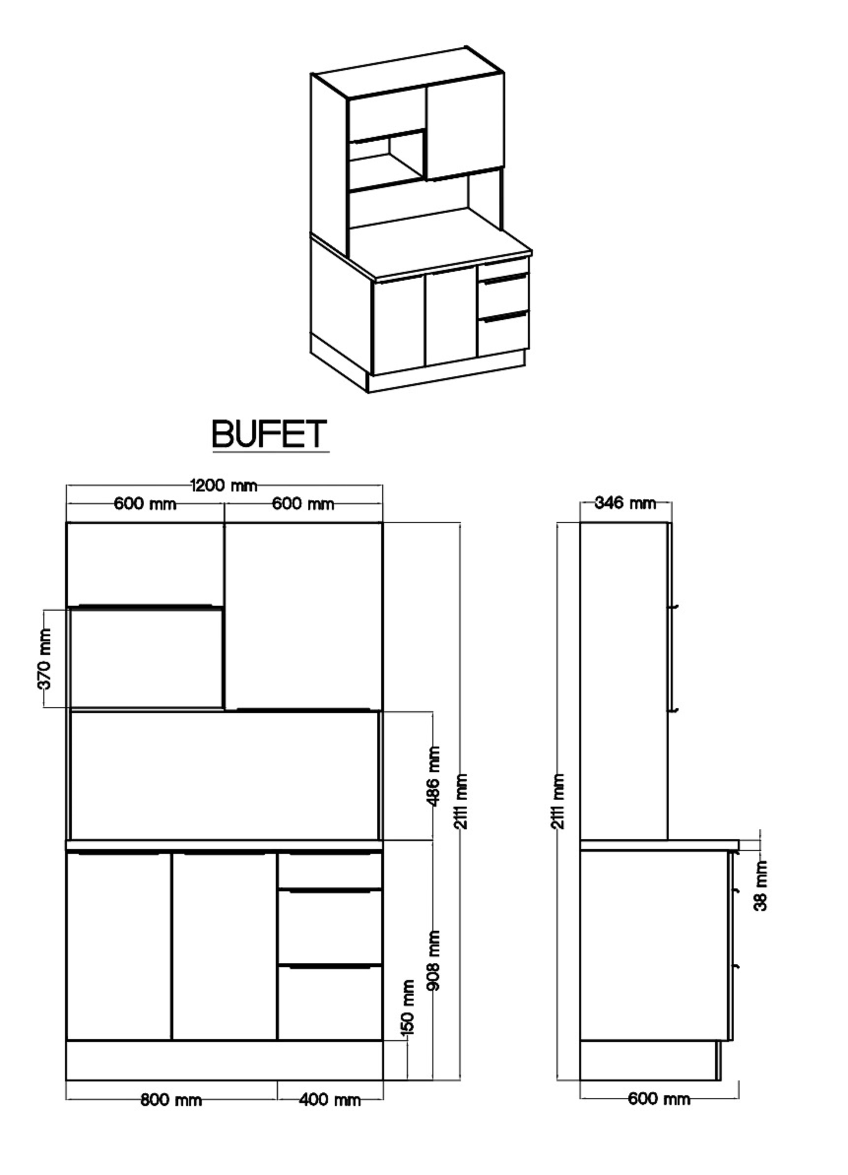 Küchen Buffet Marleen Premium 120 cm Grau Artisan Eiche Respekta