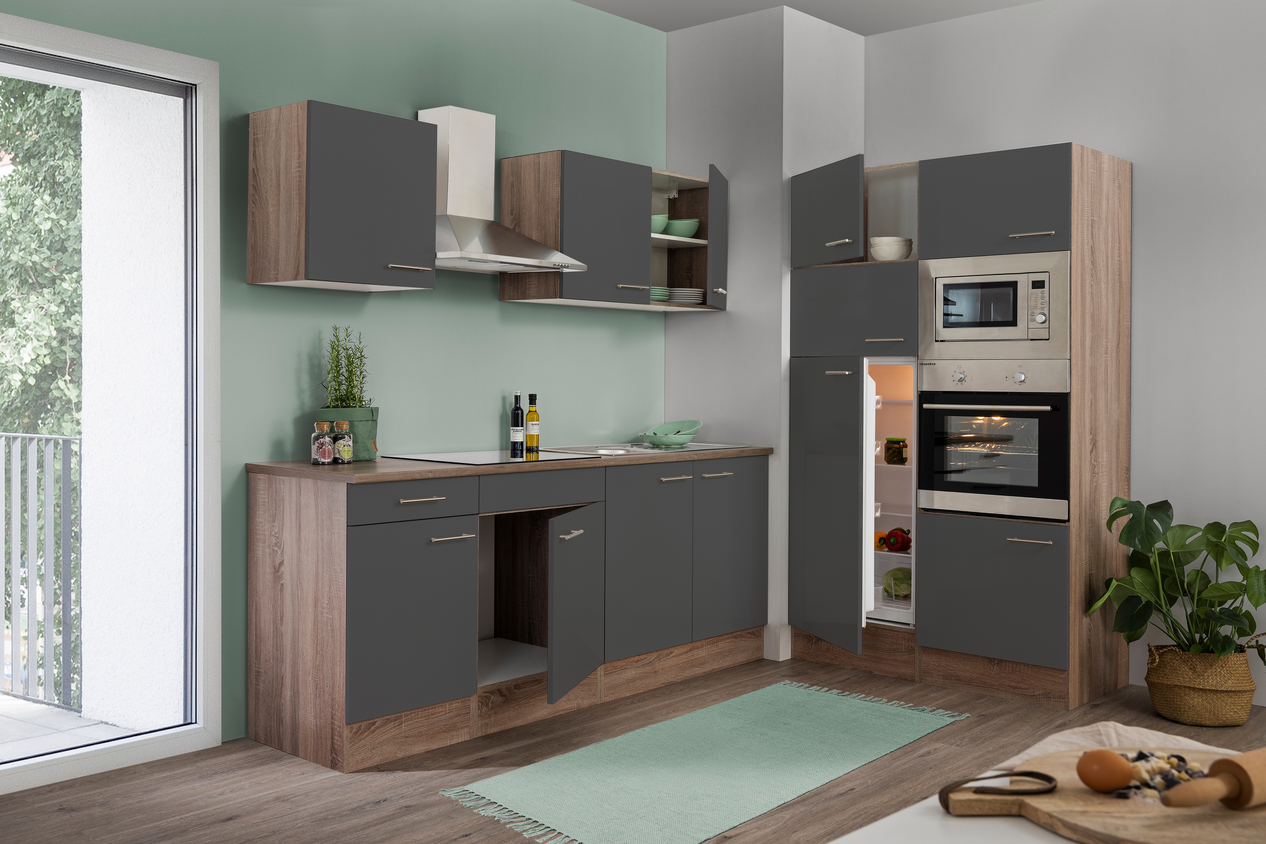 Küche Küchenzeile Leerblock Einbauküche Eiche York Grau Oliver 330 cm Respekta