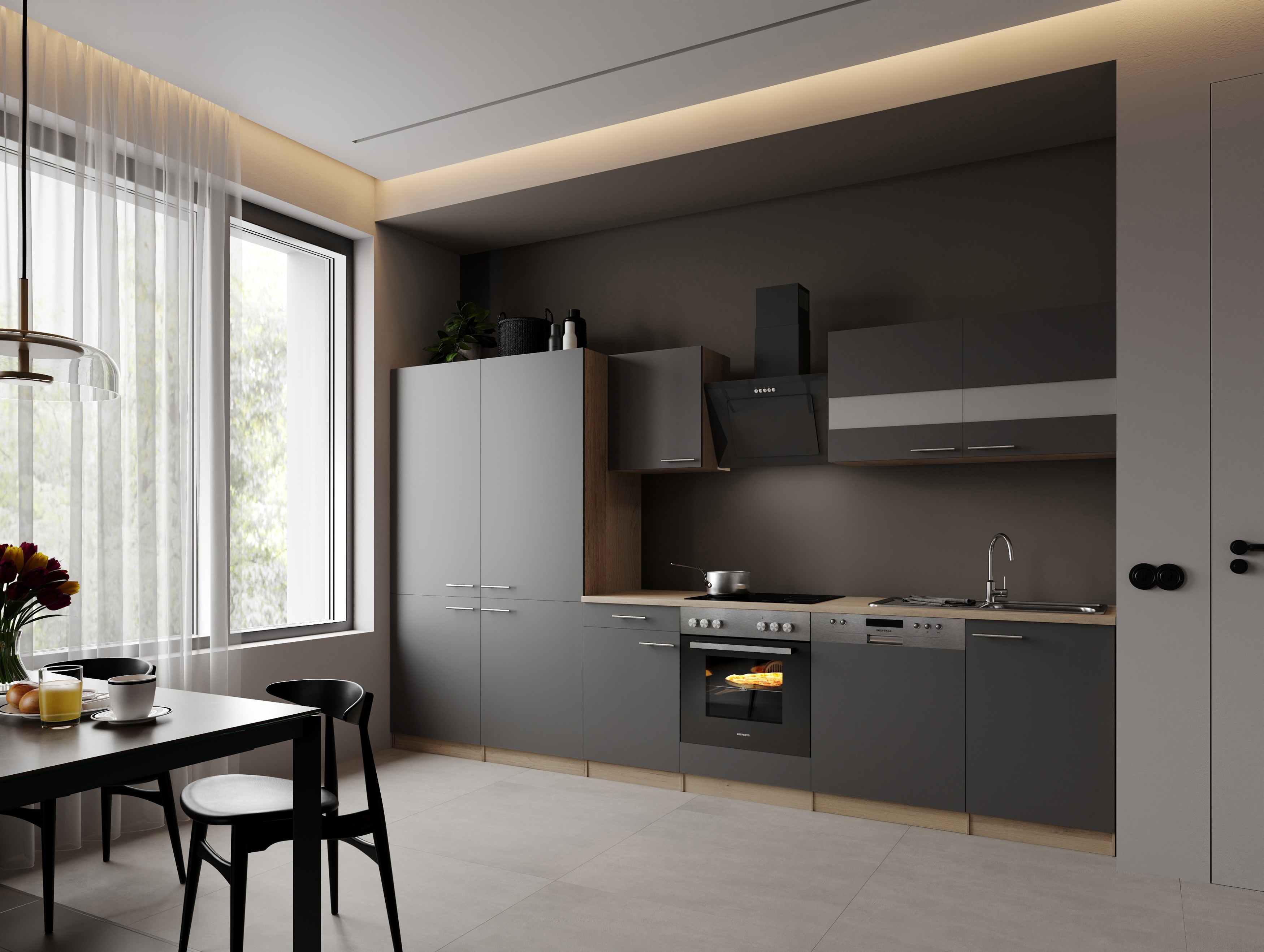 Einbauküche Küchenzeile Eiche Sägerau Grau Merle 340 cm French Door Respekta