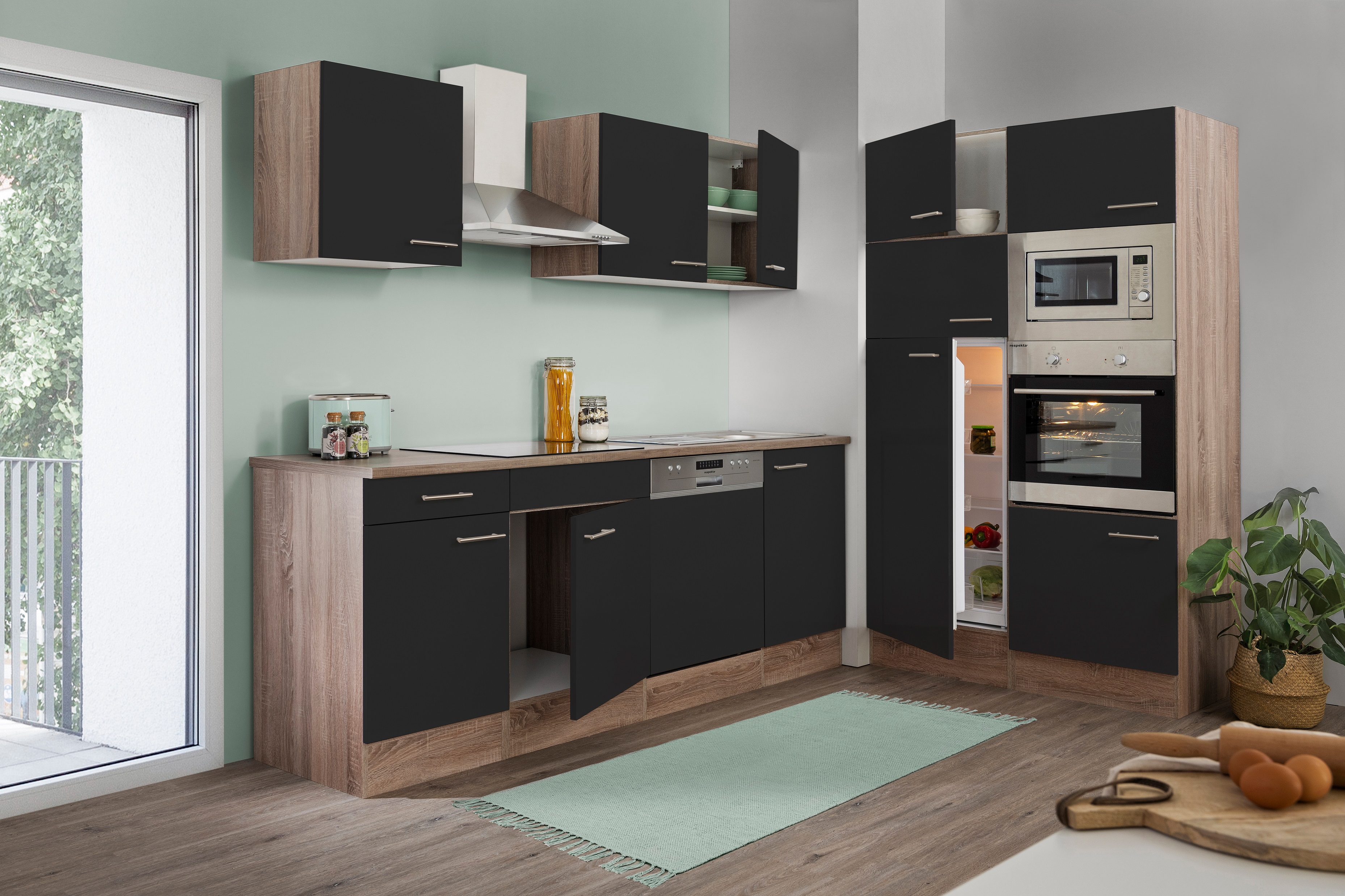 respekta cucina blocco cucina blocco cucina blocco vuoto 340 cm rovere York nero lucido 